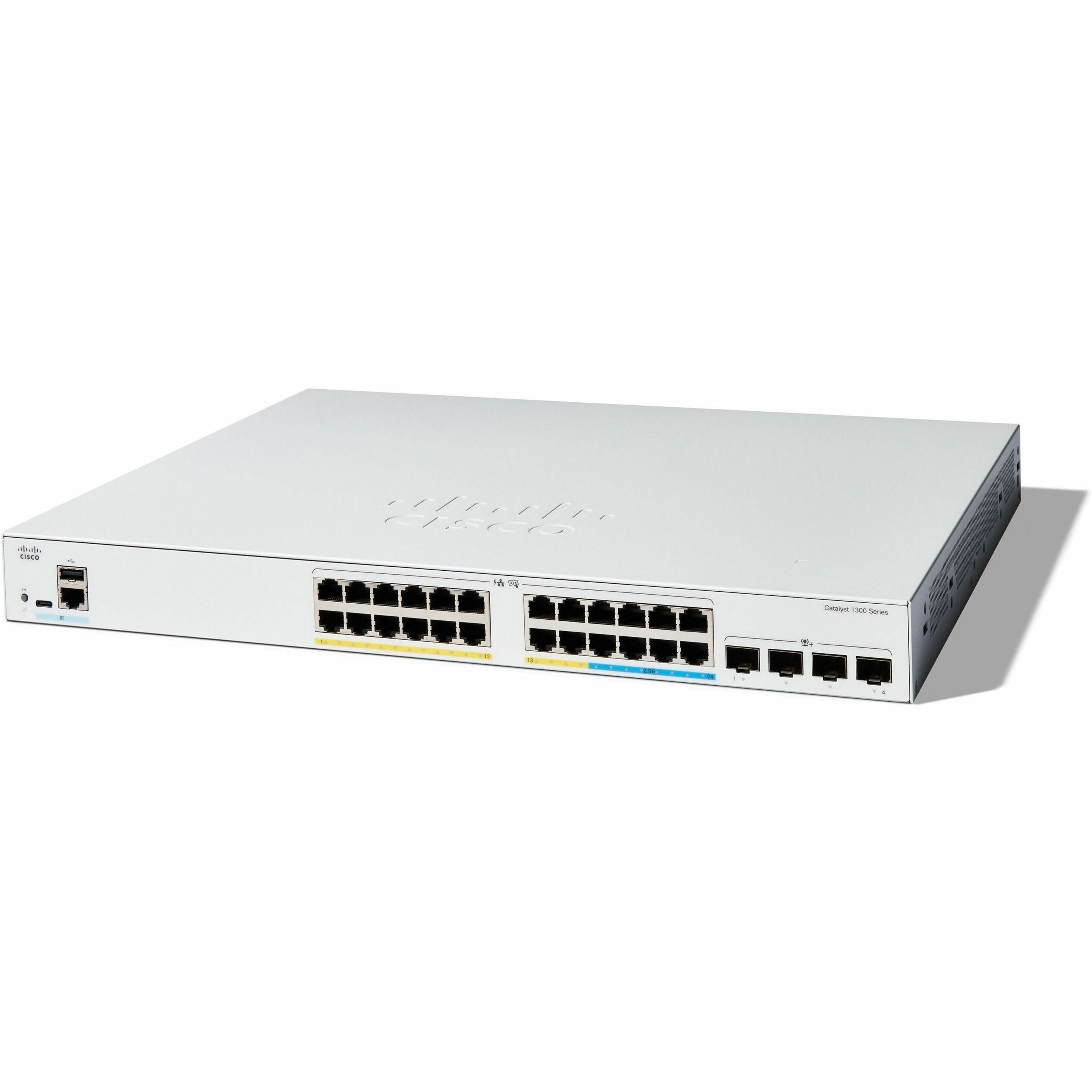 Cisco Catalyst 1300 C1300-24MGP-4X Ethernet Switch - 24 Ports - Manageable - Gigabit Ethernet, 2.5 Gigabit Ethernet, 10 Gigabit Ethernet - 1000Base-T, 2.5GBase-T, 10GBase-X - Refurbished - 3 Layer Sup