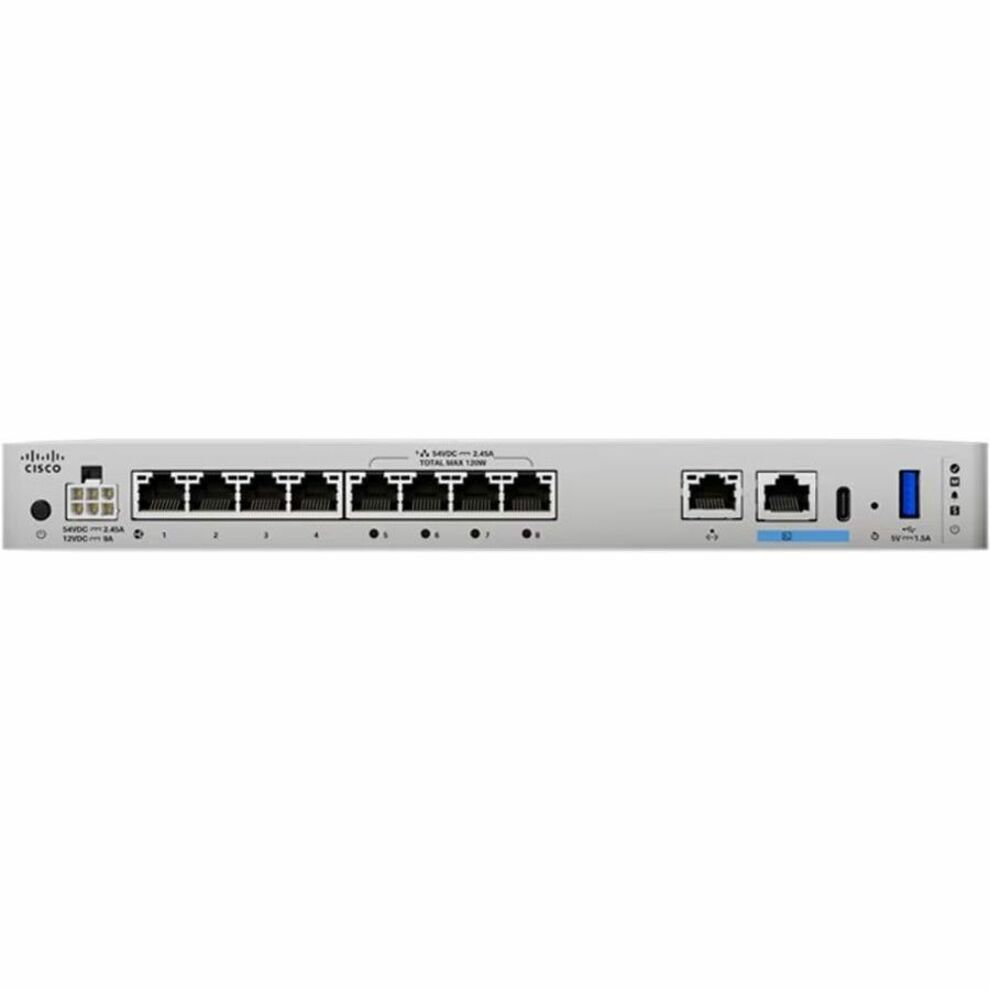 Cisco Secure Firewall 1210 Compact Security Appliance with PoE, Threat Defense Software - Centralized Management - 8 Port - 10/100/1000Base-T - Gigabit Ethernet - 6.50 Gbit/s Firewall Throughput - 200