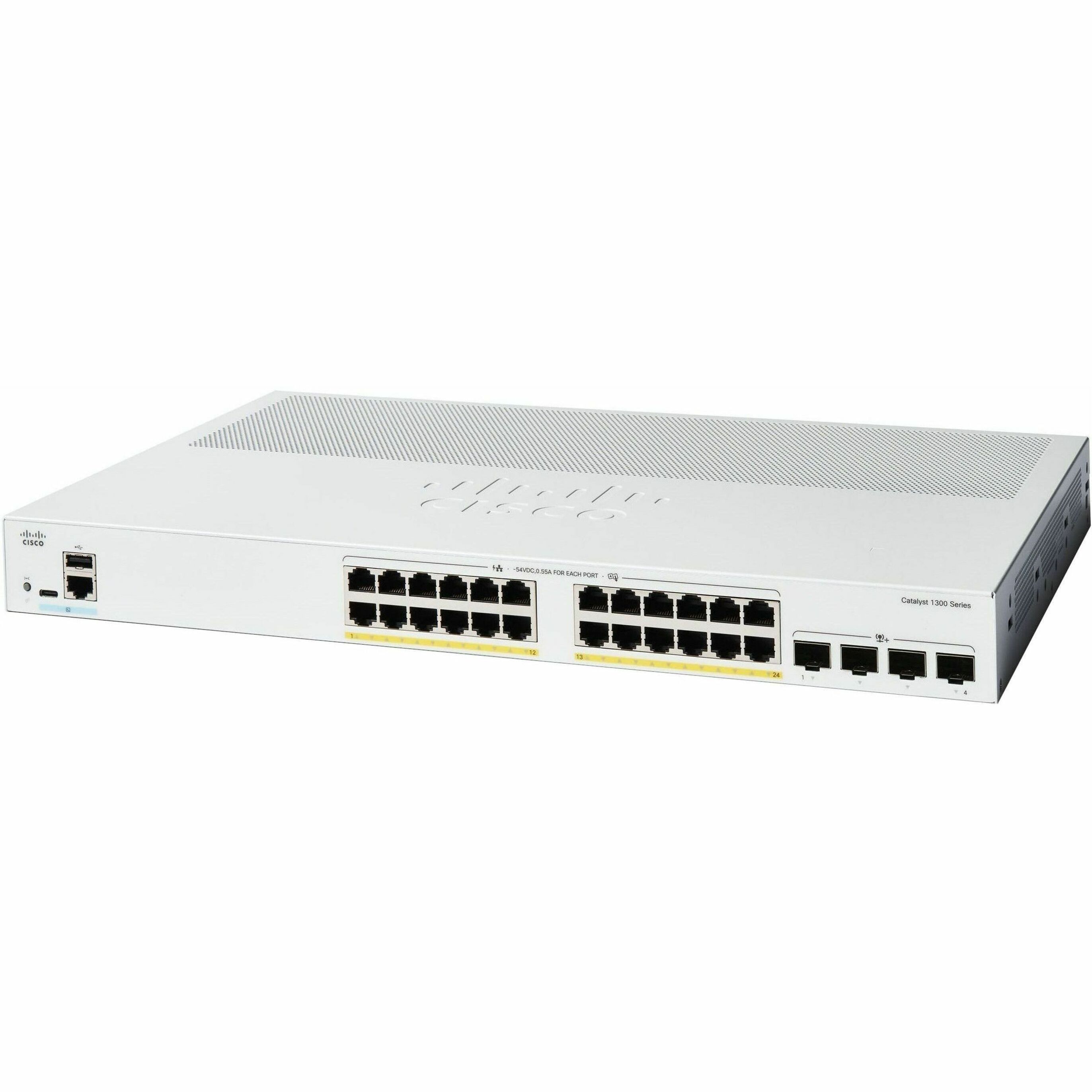 Cisco Catalyst C1300-24P-4X Ethernet Switch - 24 Ports - Manageable - 10 Gigabit Ethernet - 10/100/1000Base-T, 10GBase-X - Refurbished - 3 Layer Supported - Modular - 236.90 W Power Consumption - 195 