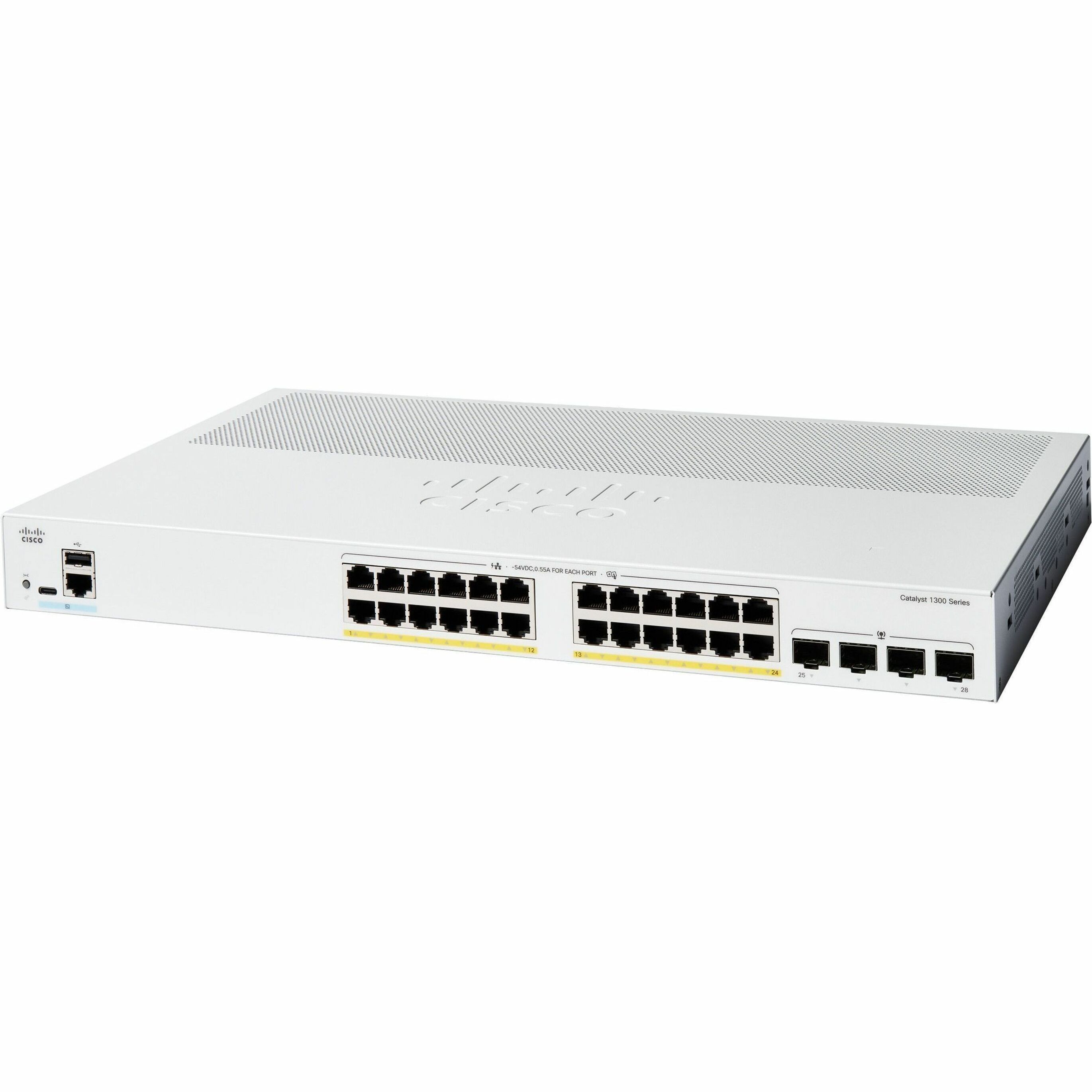 Cisco Catalyst C1300-24P-4G Ethernet Switch - 24 Ports - Manageable - Gigabit Ethernet - 10/100/1000Base-T, 1000Base-X - Refurbished - 3 Layer Supported - Modular - 4 SFP Slots - 236.40 W Power Consum