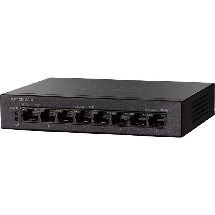 Cisco SG110D-08HP Ethernet Switch - 8 Ports - 10/100/1000Base-T - Refurbished - 2 Layer Supported - Twisted Pair - PoE Ports - Wall Mountable, Rack-mountable, Desktop