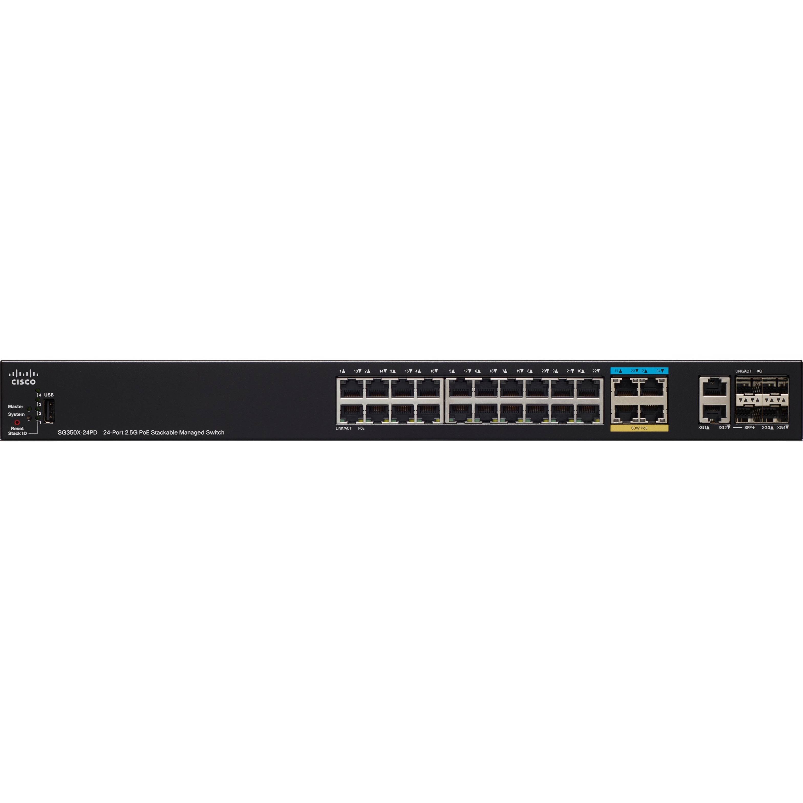 Cisco SG350X-24PD 24-Port 2.5G PoE Stackable Managed Switch - 24 Ports - Manageable - Gigabit Ethernet, 2.5 Gigabit Ethernet, 10 Gigabit Ethernet - 10/100/1000Base-T, 10GBase-X, 10GBase-T, 2.5GBase-T 