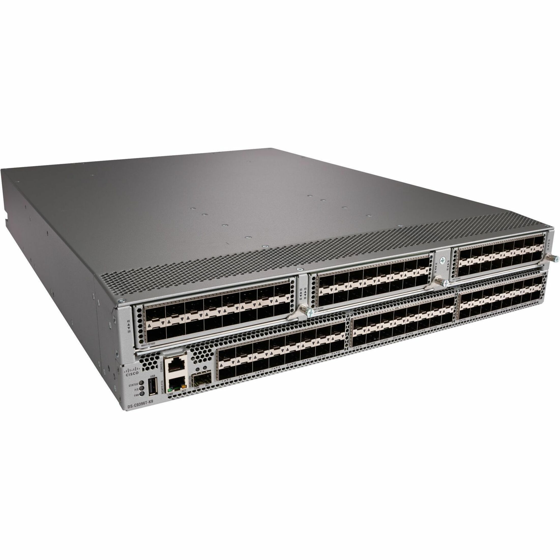Cisco MDS 9396T 32G Fibre Channel switch, with 96 active ports + 96x32G SW optics, 2 fans, 2 PSUs, port side intake - 96 Ports - 32 Gbit/s - 96 Fiber Channel Ports - Gigabit Ethernet - 96 x Total Expa