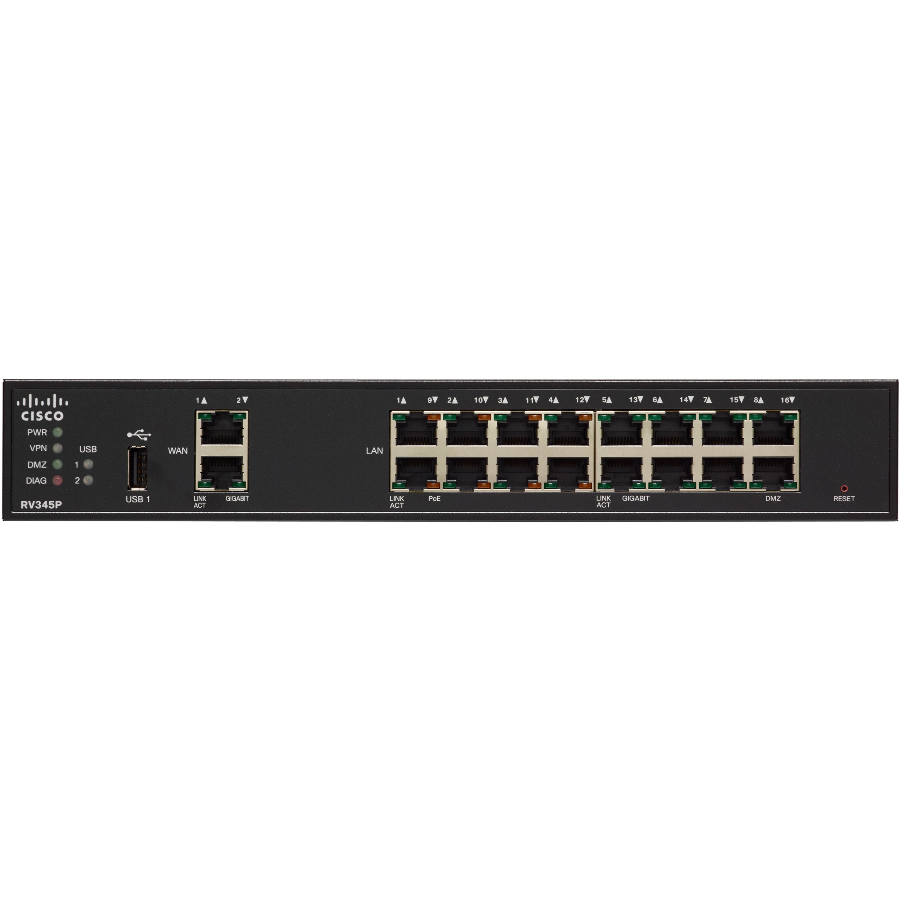 Cisco RV345P Router - Refurbished - 18 Ports - PoE Ports - Management Port - Gigabit Ethernet - Rack-mountable