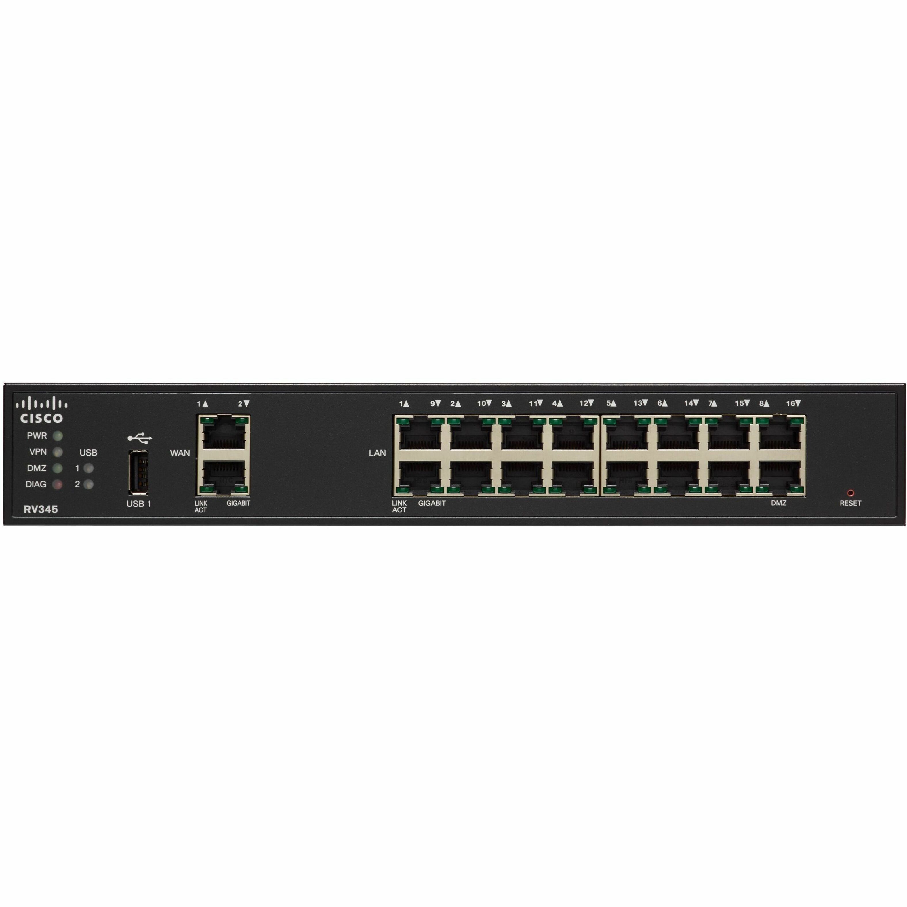 Cisco Rv345 Router - Refurbished - 18 Ports - 16 RJ-45 Port(s) - 2 WAN Port(s) - Management Port - Slots1 GB - Gigabit Ethernet - IEEE 802.1x, IEEE 802.1Q, IEEE 802.3at - Rack-mountable Lifetime Warra