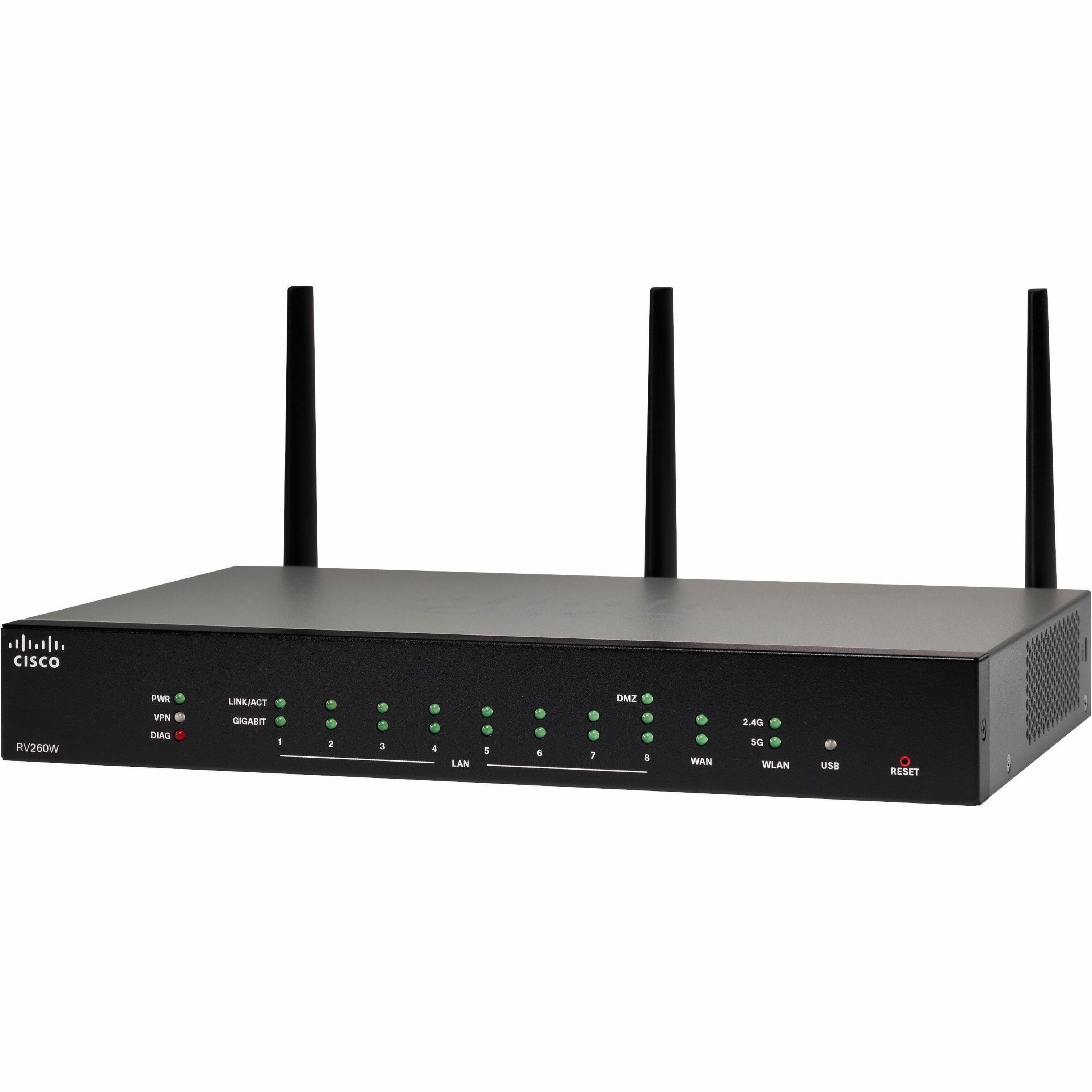 Cisco RV260W Wi-Fi 5 IEEE 802.11ac Ethernet Wireless Router - Refurbished - Dual Band - 2.40 GHz ISM Band - 5 GHz UNII Band - 8 x Network Port - 1 x Broadband Port - Gigabit Ethernet - VPN Supported