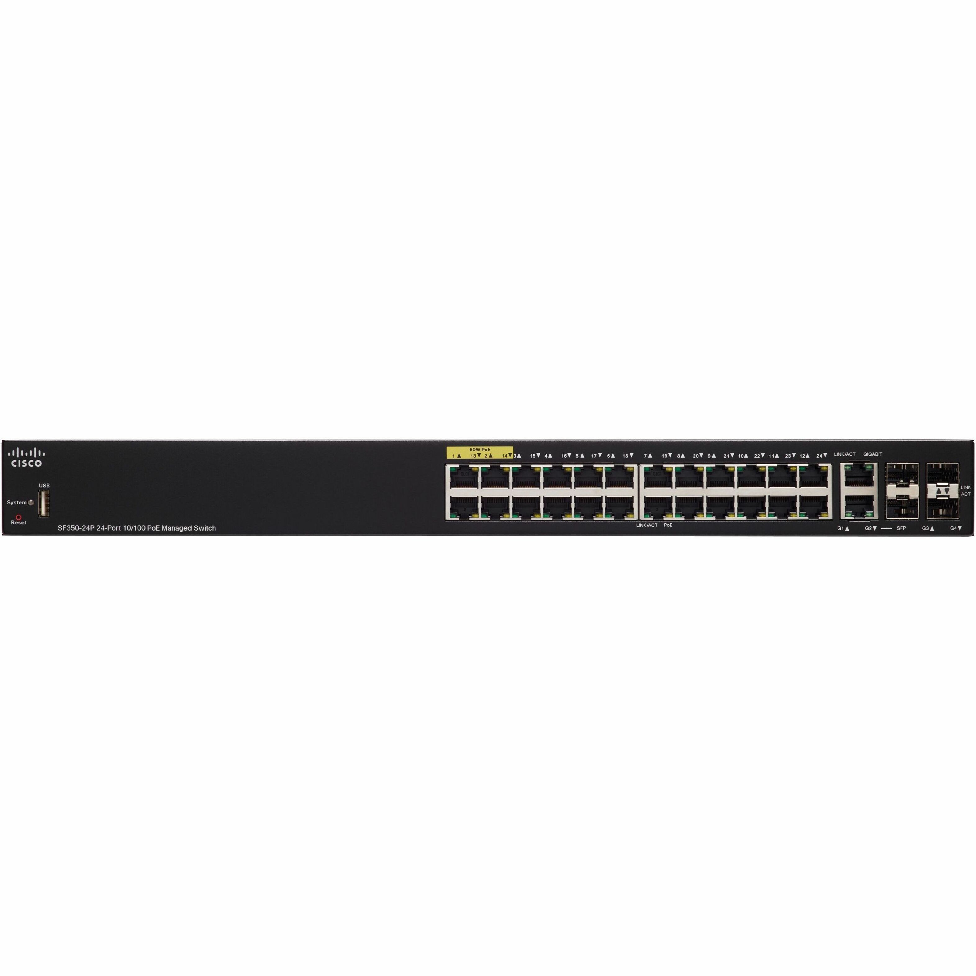 Cisco SF350-24P 24-Port 10 100 POE Managed Switch - 24 Ports - Manageable - Fast Ethernet - 10/100Base-T - Refurbished - 3 Layer Supported - Twisted Pair - Rack-mountable