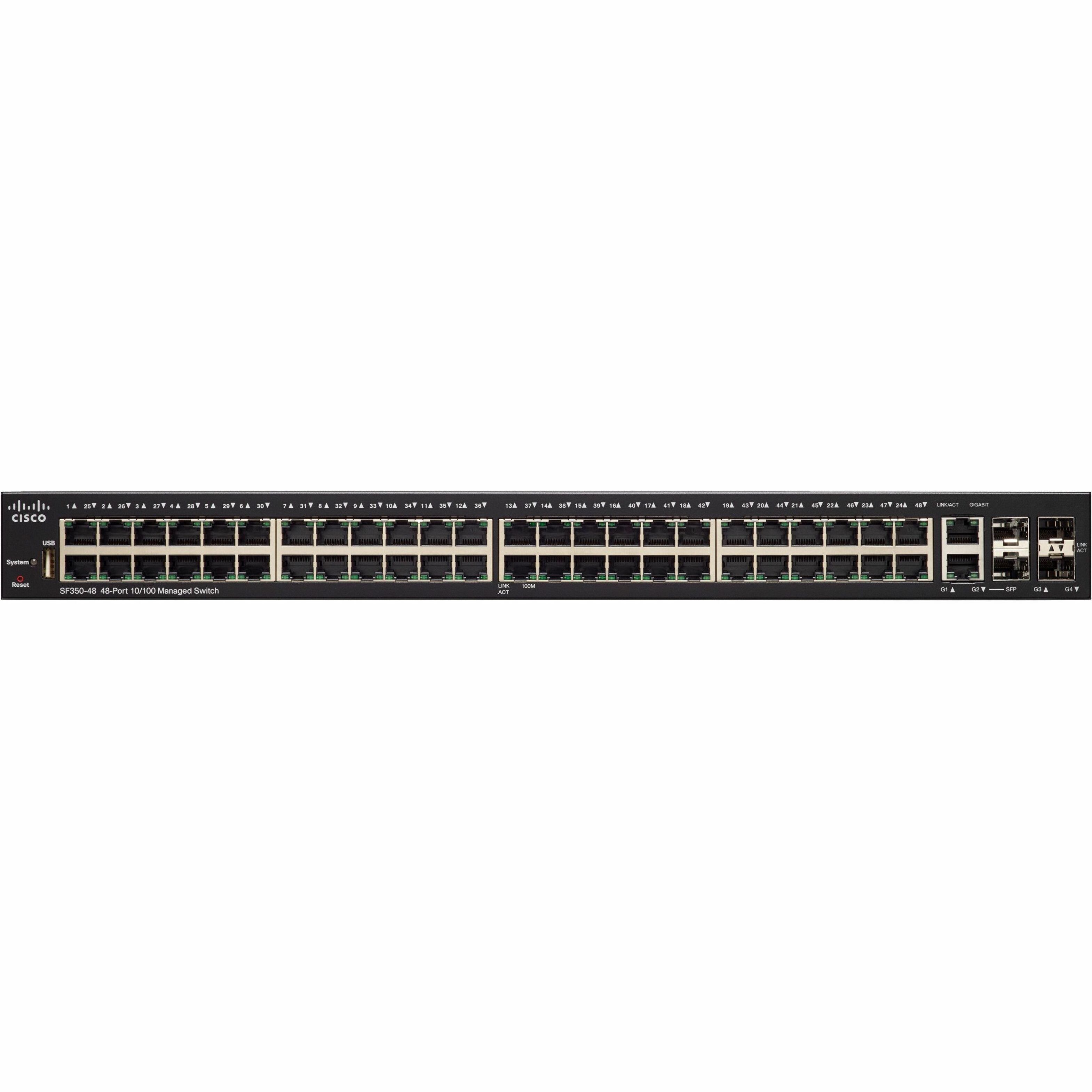 Cisco SF350-48 48-Port 10 100 Managed Switch - 50 Ports - Manageable - Gigabit Ethernet, Fast Ethernet - 10/100Base-TX, 1000Base-X, 10/100/1000Base-TX - Refurbished - 3 Layer Supported - Modular - 2 S