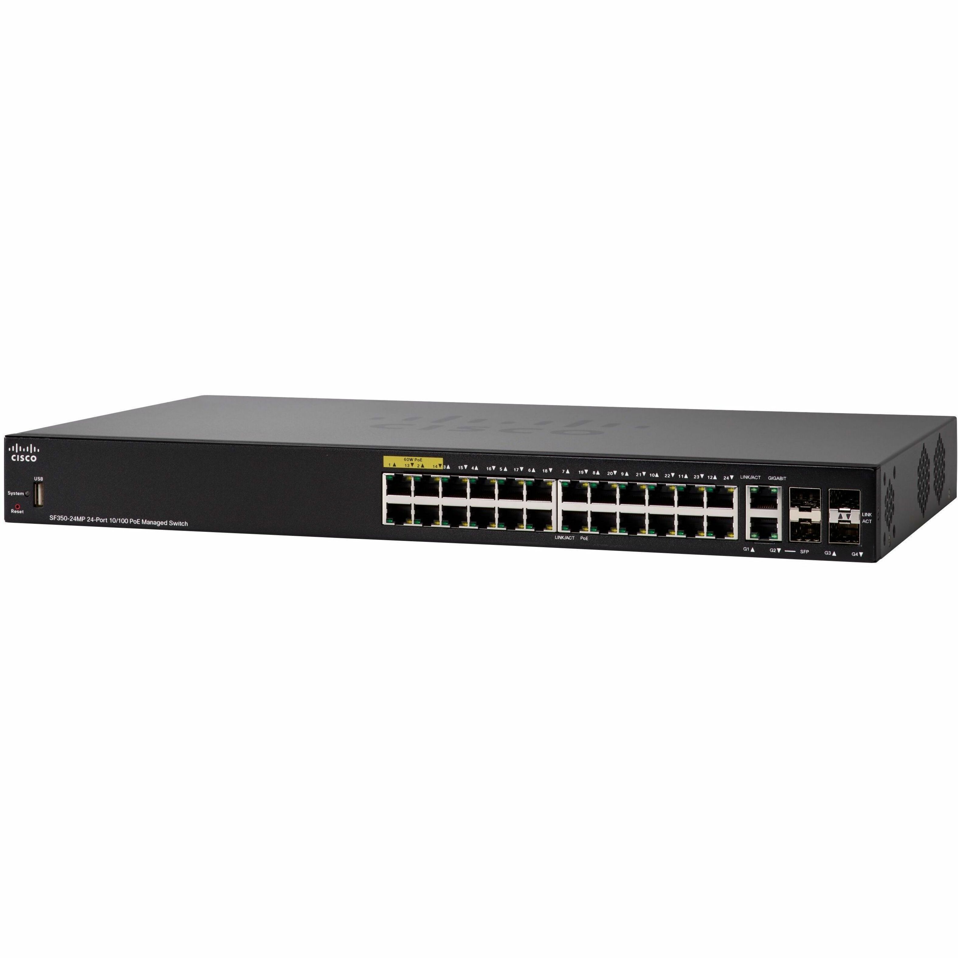 Cisco SF350-24MP 24-Port 10 100 Max PoE Managed Switch - 24 Ports - Manageable - Fast Ethernet - 10/100Base-T - Refurbished - 3 Layer Supported - Twisted Pair - Rack-mountable - Lifetime Limited Warra