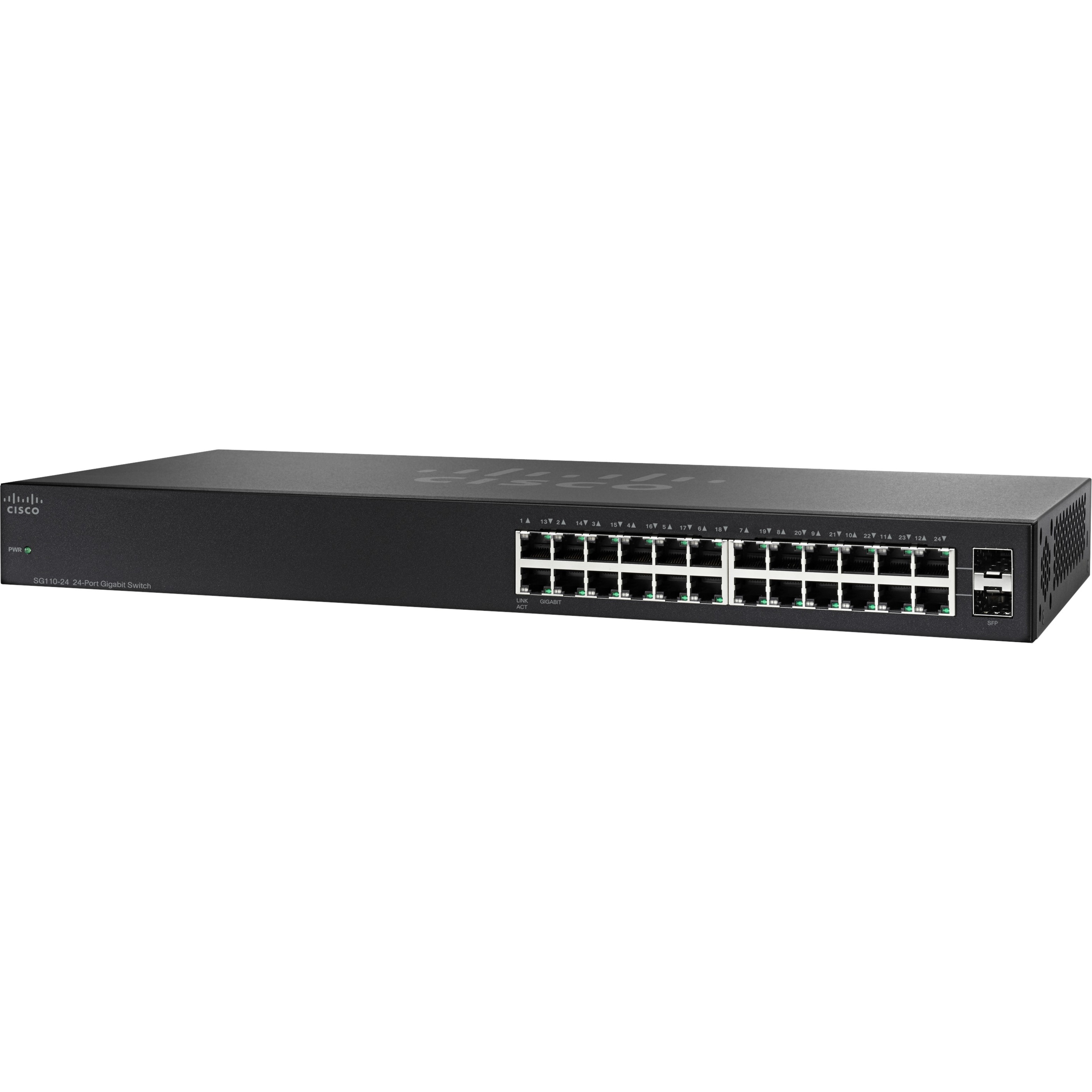 Cisco SG110-24 24-port Gigabit Switch + 2 Mini GBIC Ports 1U - 24 Ports - Gigabit Ethernet - 10/100/1000Base-T, 1000Base-X - Refurbished - 2 Layer Supported - 2 SFP Slots - Optical Fiber, Twisted Pair