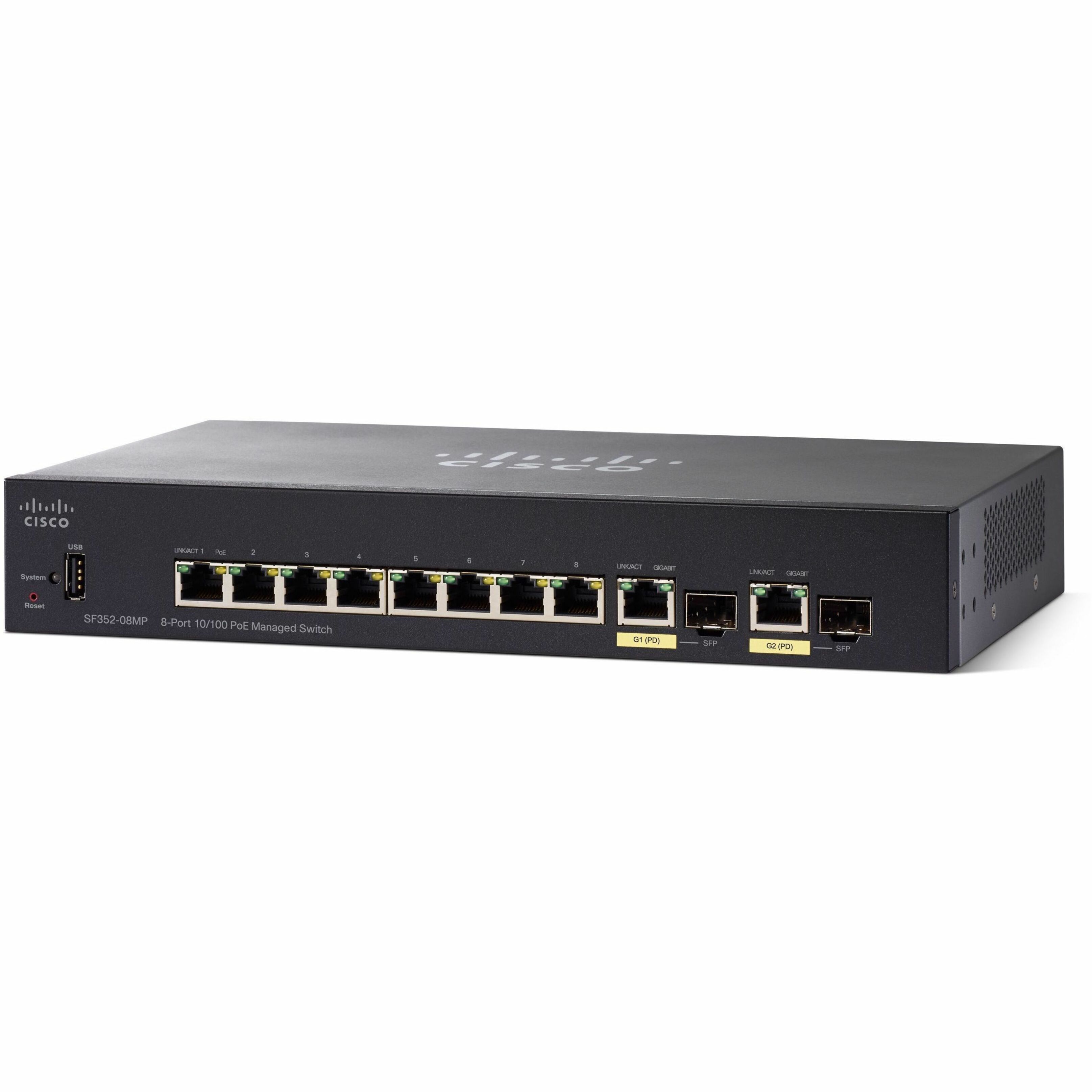 Cisco SF352-08MP 8-Port 10 100 POE Managed Switch - 10 Ports - Manageable - Fast Ethernet, Gigabit Ethernet - 10/100Base-T, 1000Base-T, 1000Base-X - Refurbished - 3 Layer Supported - 128 W PoE Budget 