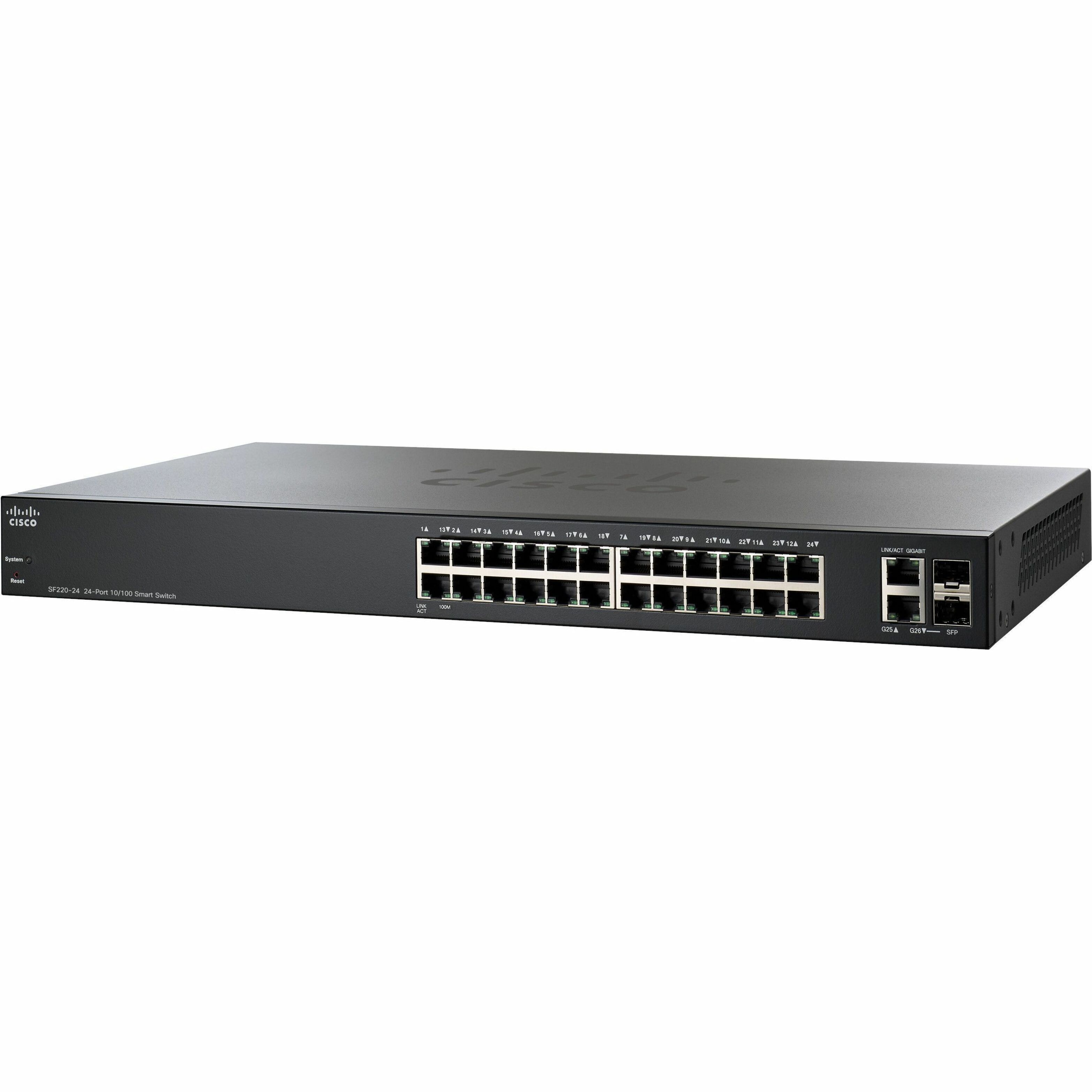 Cisco SF220-24 24-Port 10/100 Smart Plus Switch - 26 Ports - Manageable - Fast Ethernet, Gigabit Ethernet - 10/100Base-TX, 10/100/1000Base-T, 1000Base-X - Refurbished - 2 Layer Supported - 9.20 W Powe