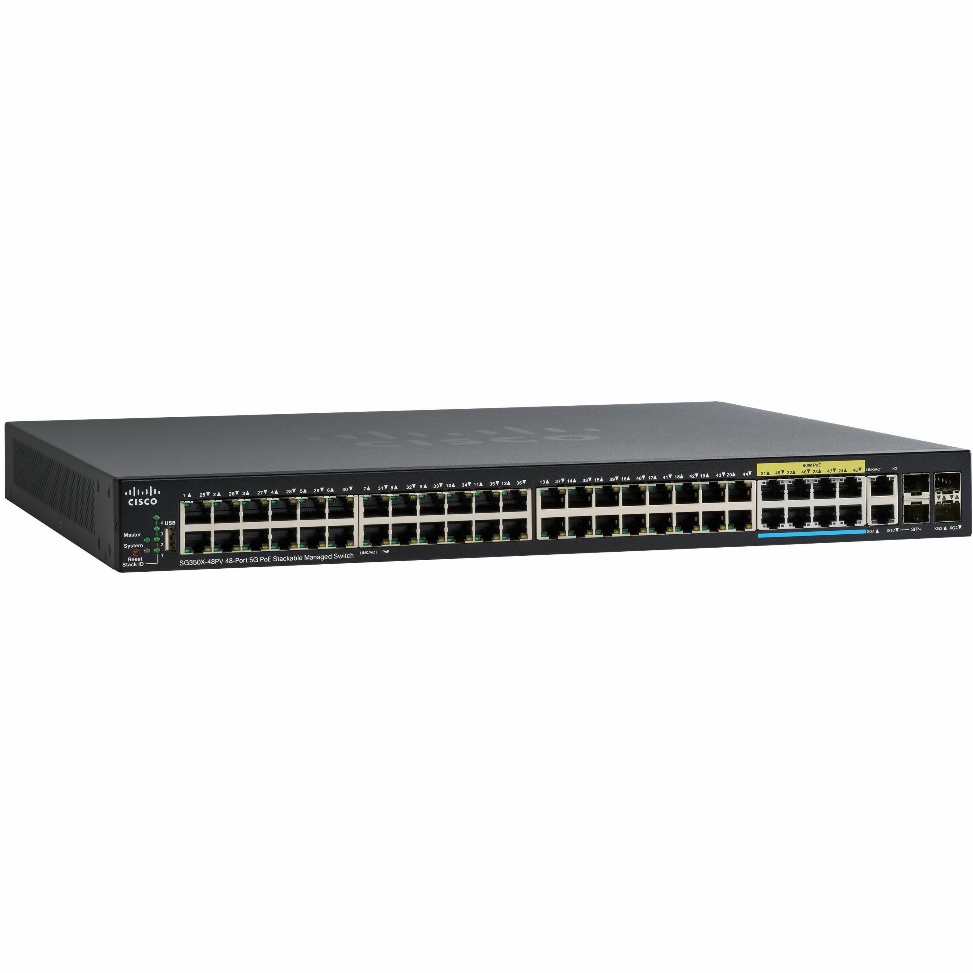 Cisco SG350X-48PV 48-Port 5G PoE Stackable Managed Switch - 48 Ports - Manageable - Gigabit Ethernet, 5 Gigabit Ethernet, 10 Gigabit Ethernet - 10GBase-X, 10GBase-T, 5GBase-T, 10/100/1000Base-T - Refu