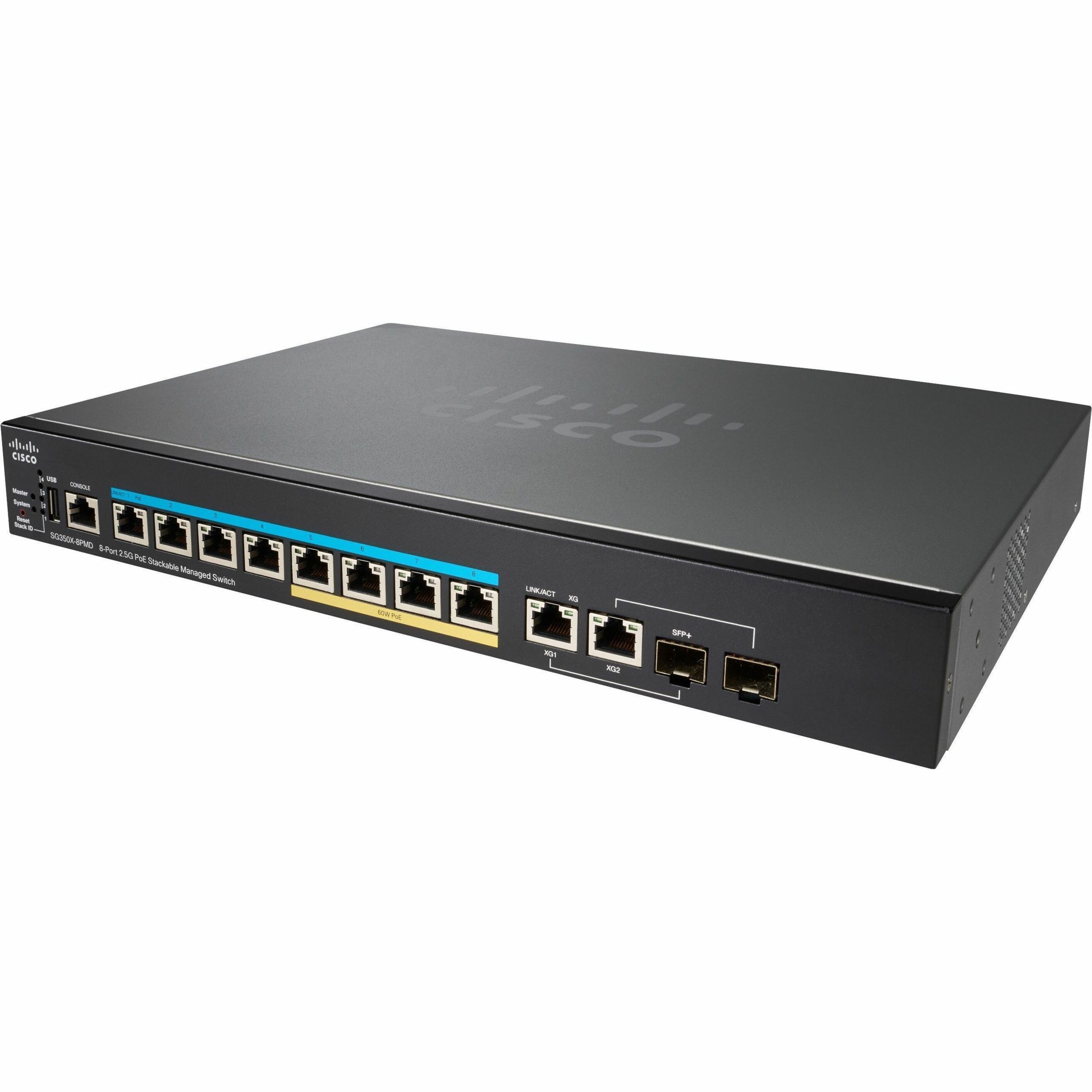 Cisco SG350X-8PMD 8-Port 2.5G PoE Stackable Managed Switch - 8 Ports - Manageable - 2.5 Gigabit Ethernet, 10 Gigabit Ethernet - 10GBase-T, 2.5GBase-T, 10GBase-X - Refurbished - 3 Layer Supported - Mod