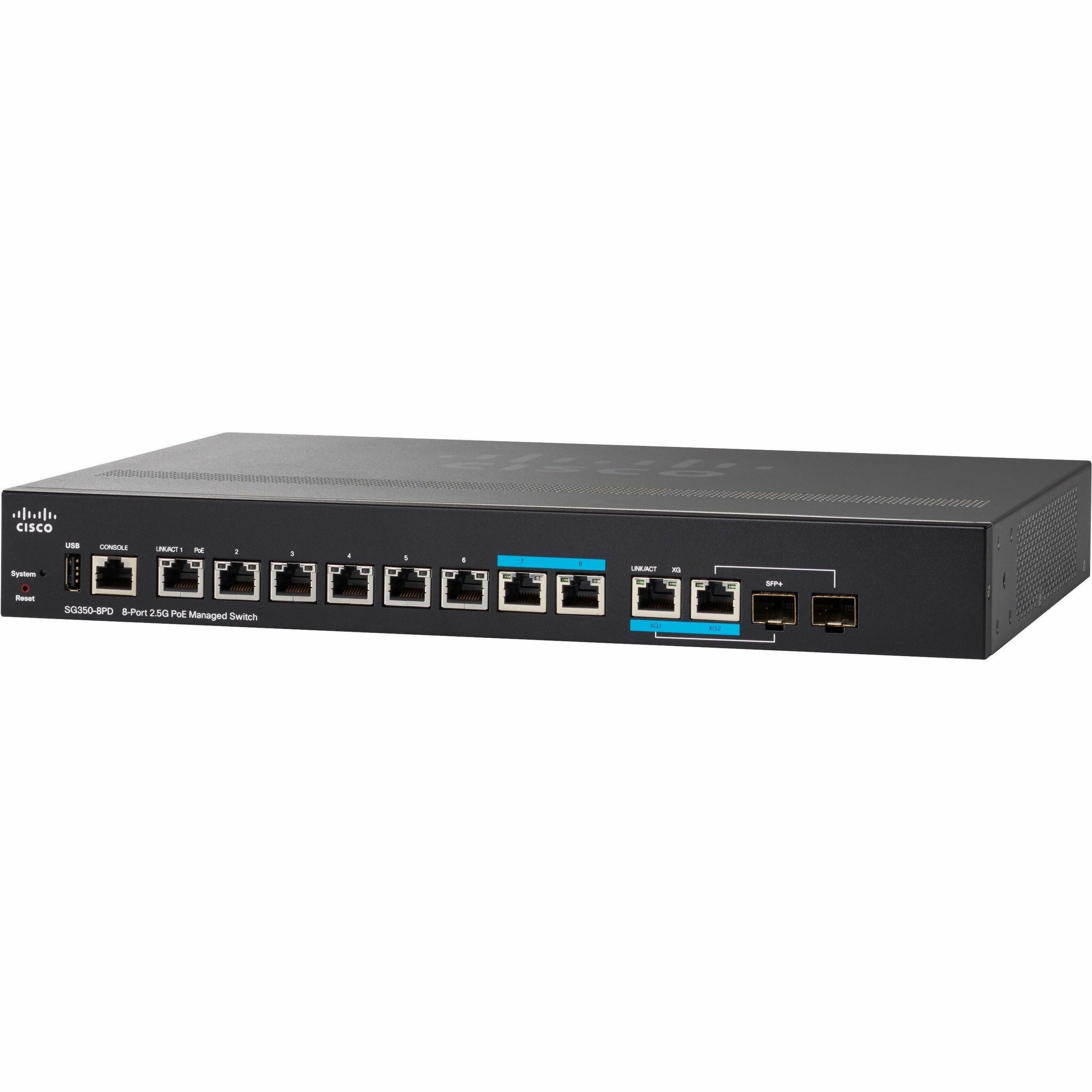 Cisco SG350-8PD 8-Port 2.5G PoE Managed Switch - 8 Ports - Manageable - Gigabit Ethernet, 2.5 Gigabit Ethernet - 1000Base-X, 10/100/1000Base-T, 2.5GBase-T - Refurbished - 3 Layer Supported - Modular -