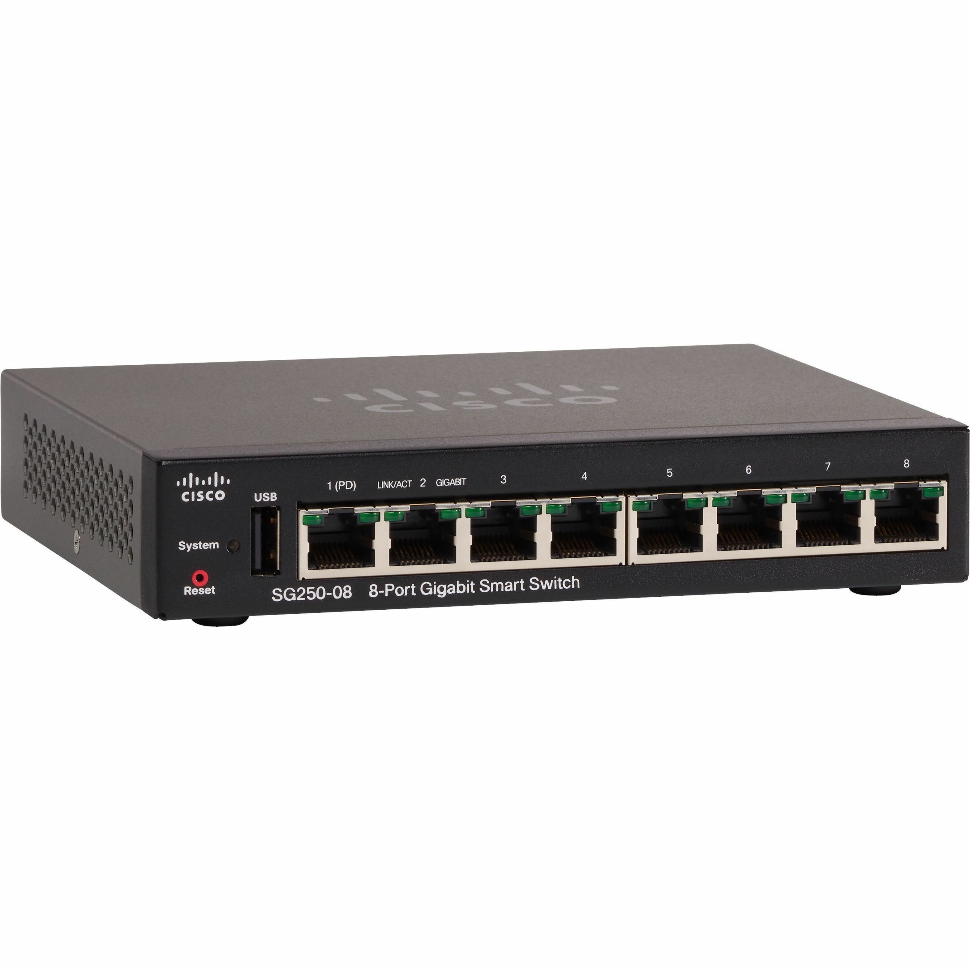 Cisco SG250-08 8-Port Gigabit Smart Switch - 8 Ports - Manageable - Gigabit Ethernet - 1000Base-T - Refurbished - 2 Layer Supported - Twisted Pair - Lifetime Limited Warranty