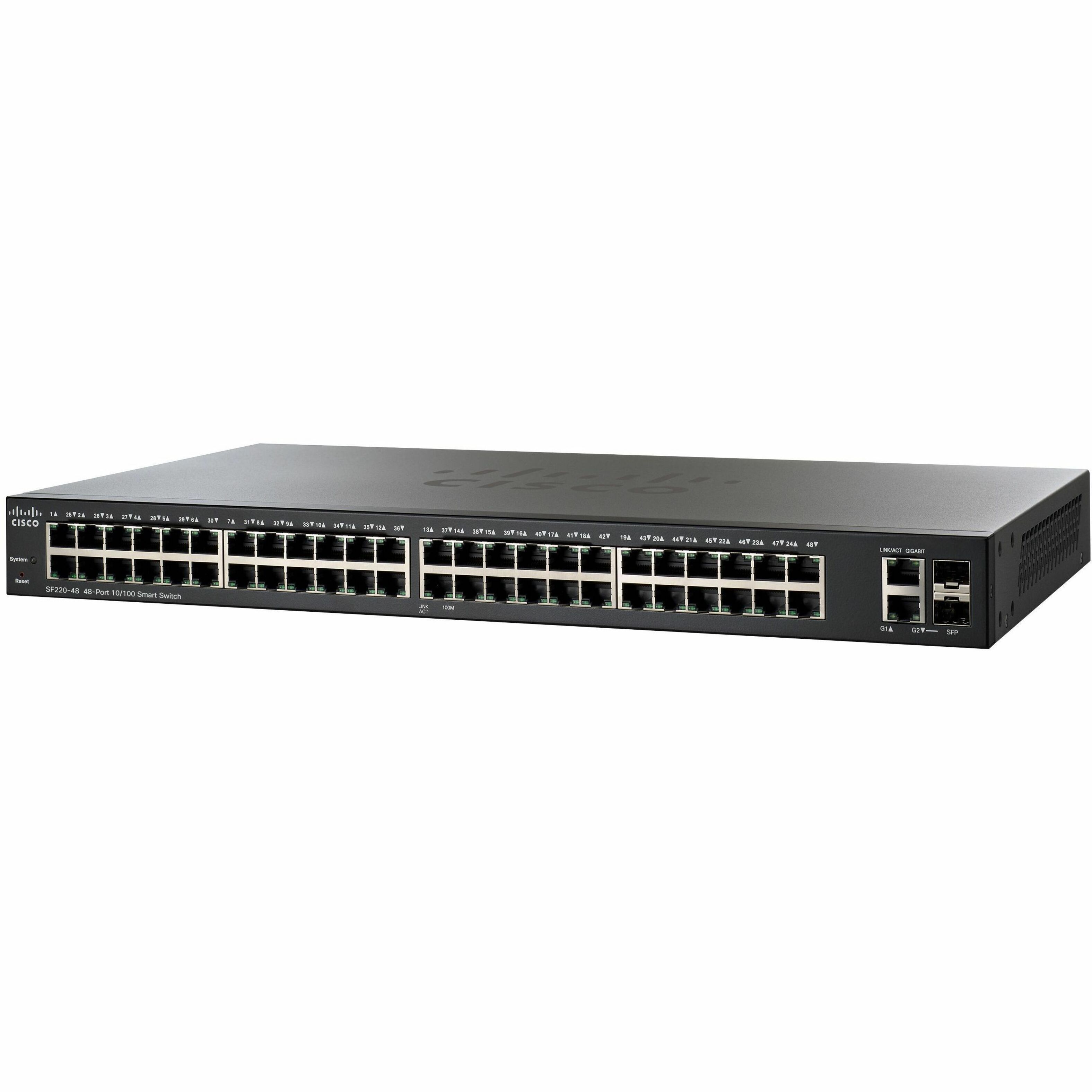 Cisco SF220-48 48-Port 10/100 Smart Plus Switch - 50 Ports - Manageable - Fast Ethernet, Gigabit Ethernet - 1000Base-X, 10/100Base-T - Refurbished - 2 Layer Supported - Twisted Pair, Optical Fiber - R