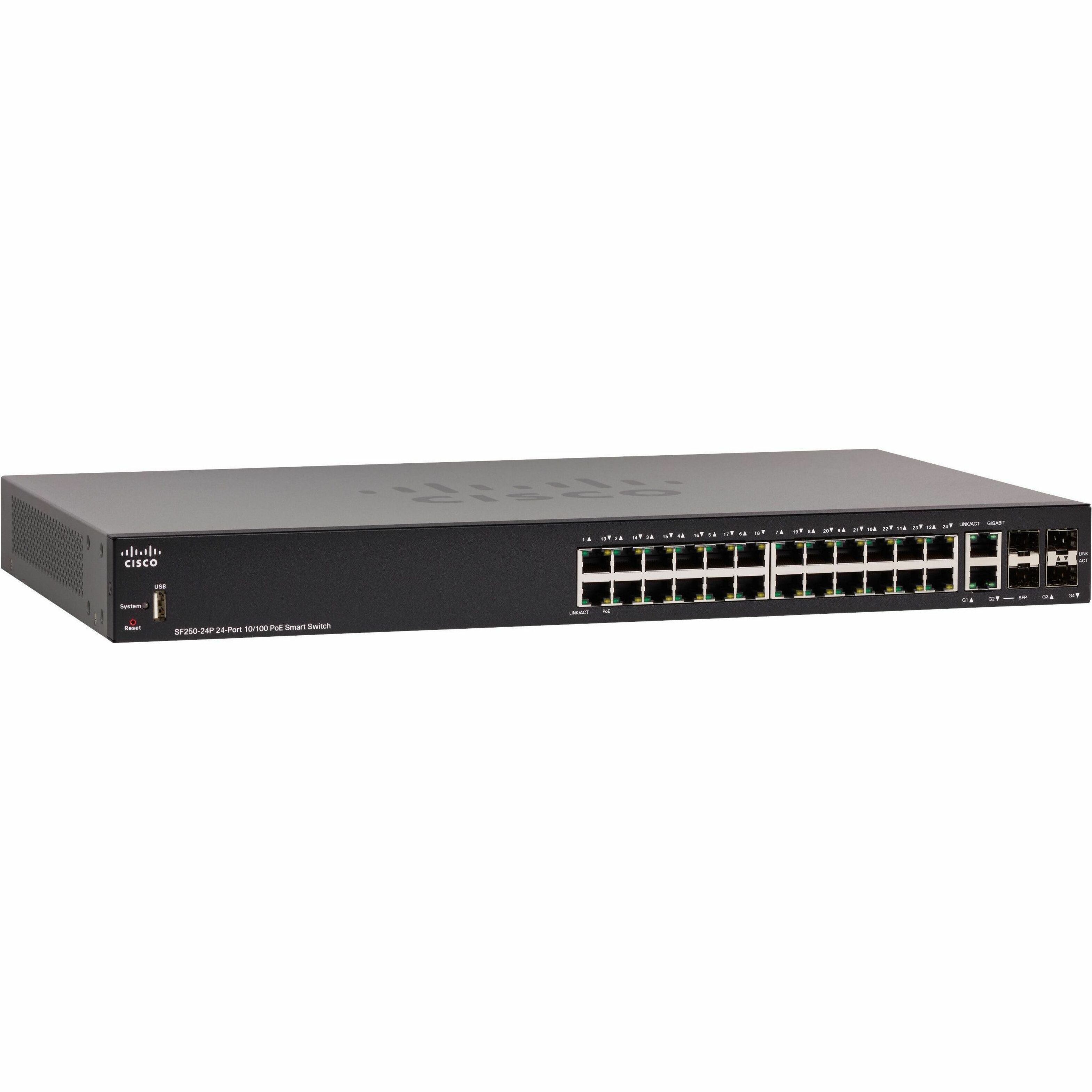 Cisco SF250-24P Ethernet Switch - 24 Ports - Manageable - Fast Ethernet, Gigabit Ethernet - 10/100Base-TX, 10/100/1000Base-TX, 1000Base-X - Refurbished - 2 Layer Supported - Modular - 4 SFP Slots - Tw