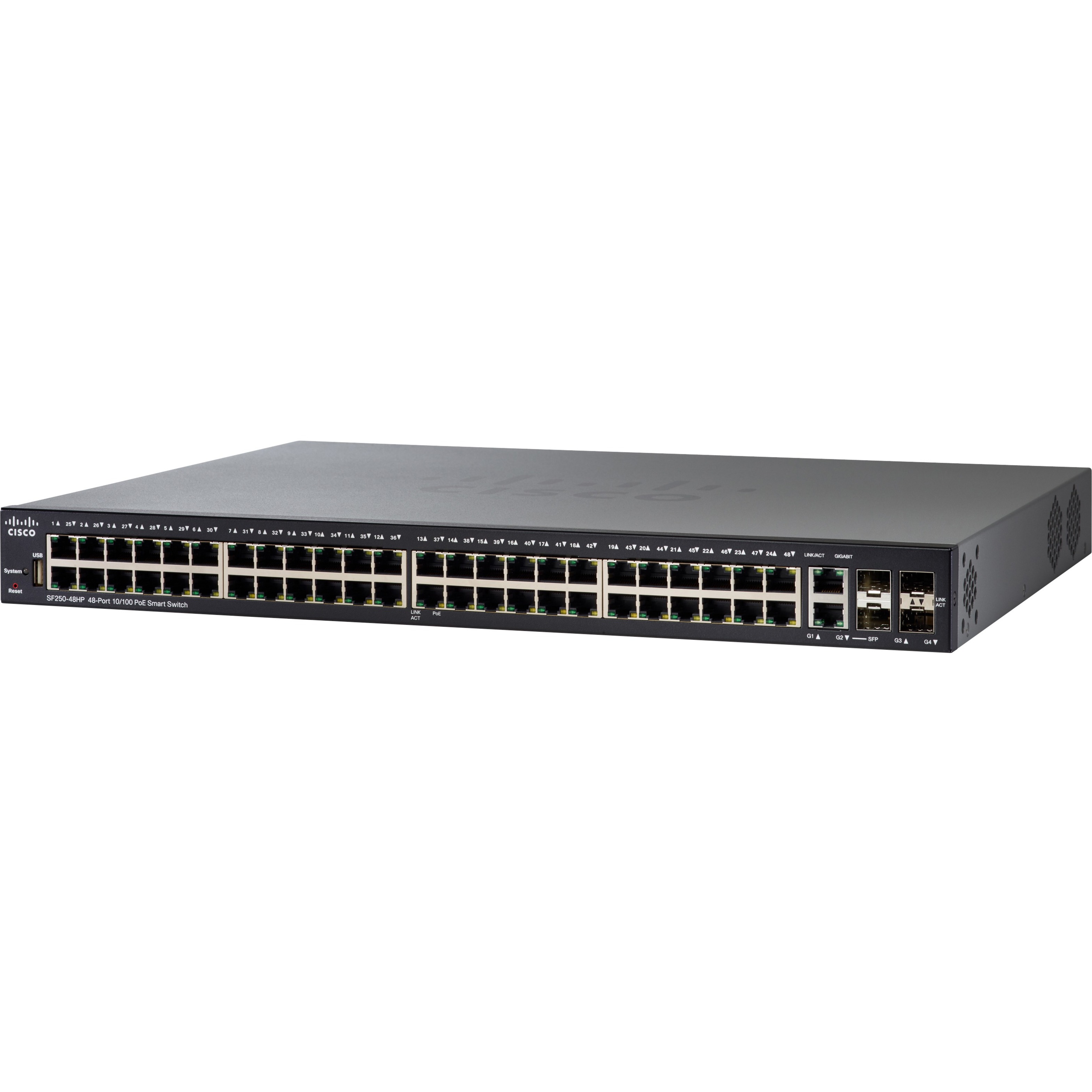 Cisco SF250-48HP 48-Port 10 100 PoE Smart Switch - 48 Ports - Fast Ethernet - 10/100Base-TX - Refurbished - 2 Layer Supported - Twisted Pair - Lifetime Limited Warranty