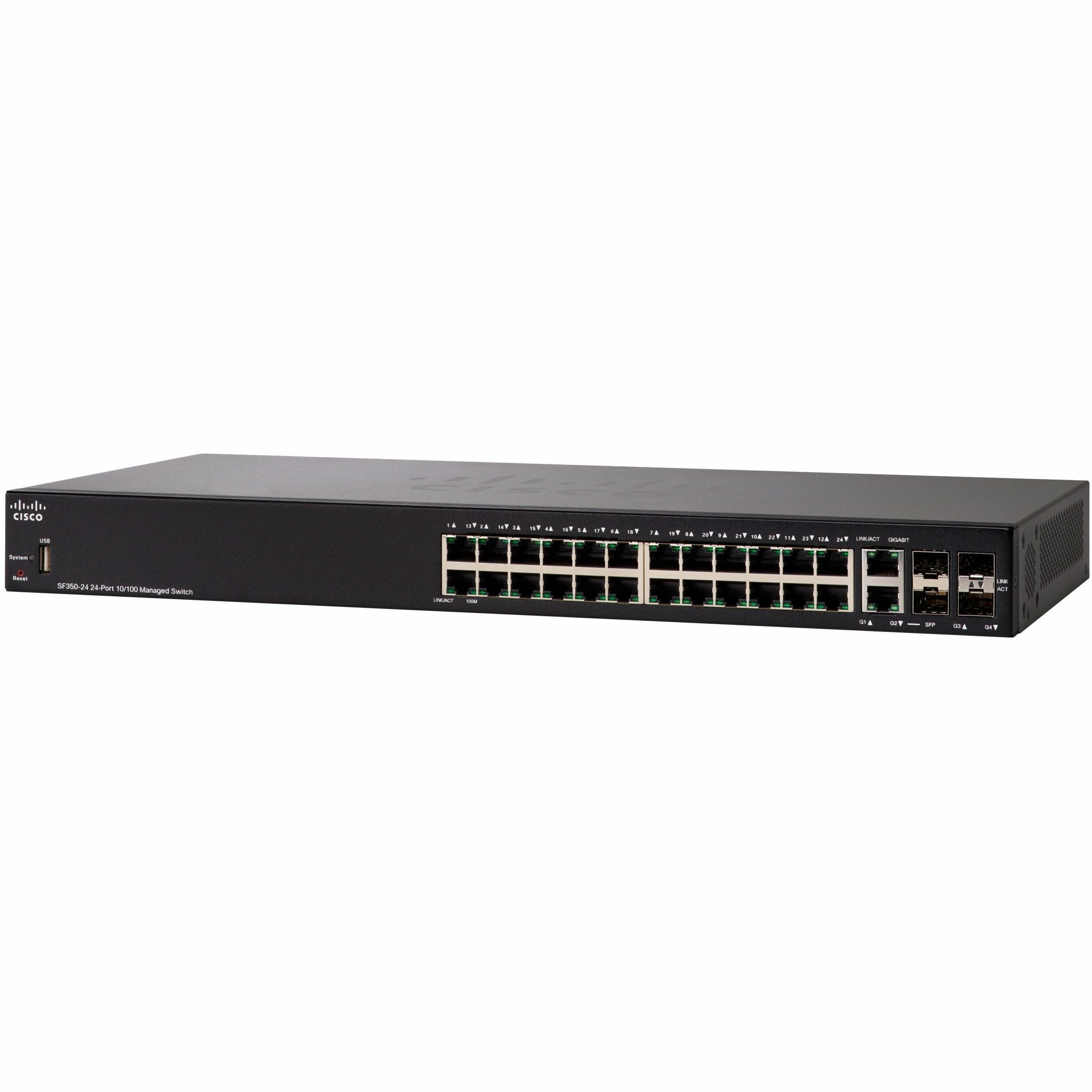 Cisco SF350-24 24-Port 10 100 Managed Switch - 24 Ports - Manageable - Fast Ethernet - 10/100Base-T - Remanufactured - 3 Layer Supported - Twisted Pair - Rack-mountable - Lifetime Limited Warranty