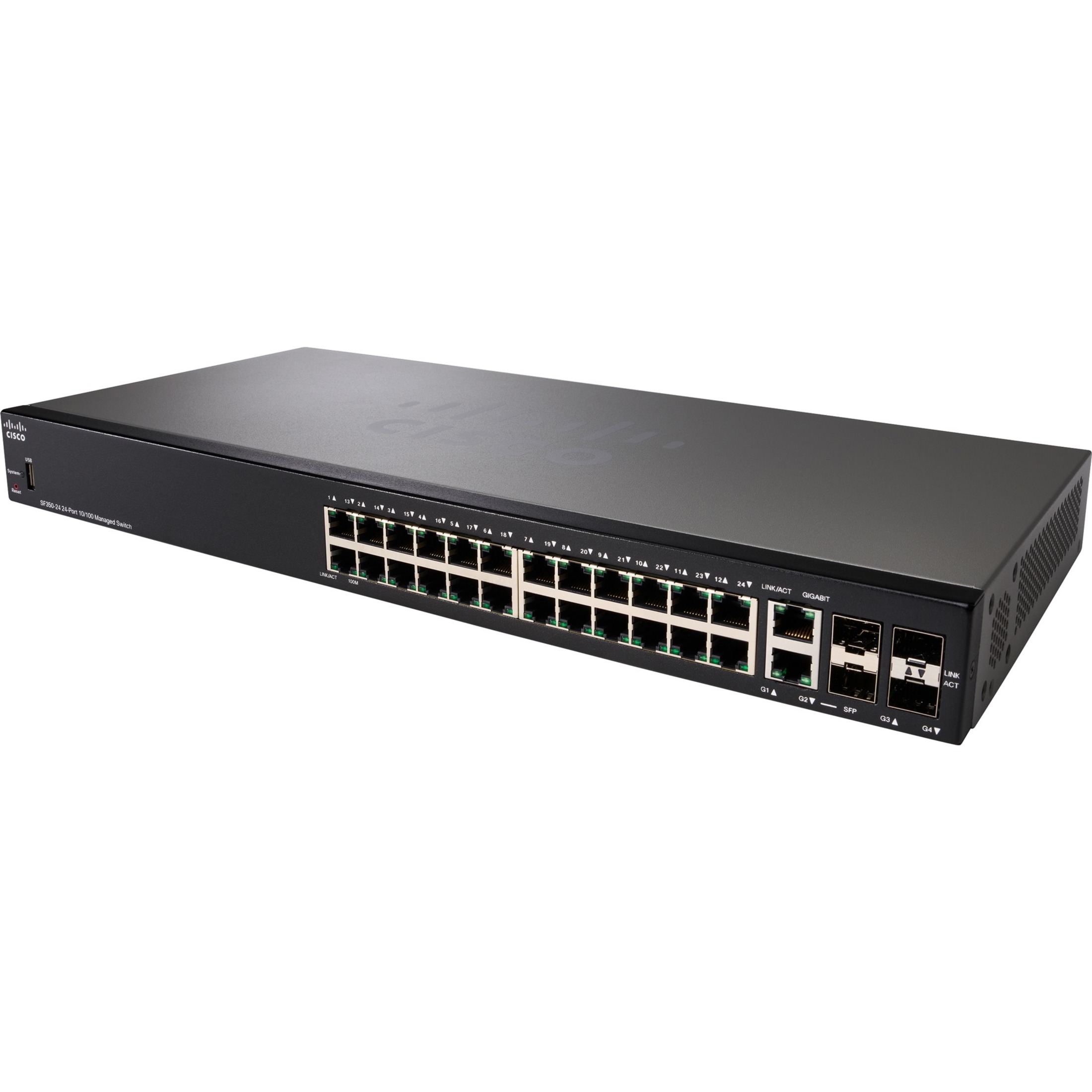 Cisco SF350-24 24-Port 10 100 Managed Switch - 24 Ports - Manageable - Fast Ethernet - 10/100Base-T - Refurbished - 3 Layer Supported - Twisted Pair - Rack-mountable