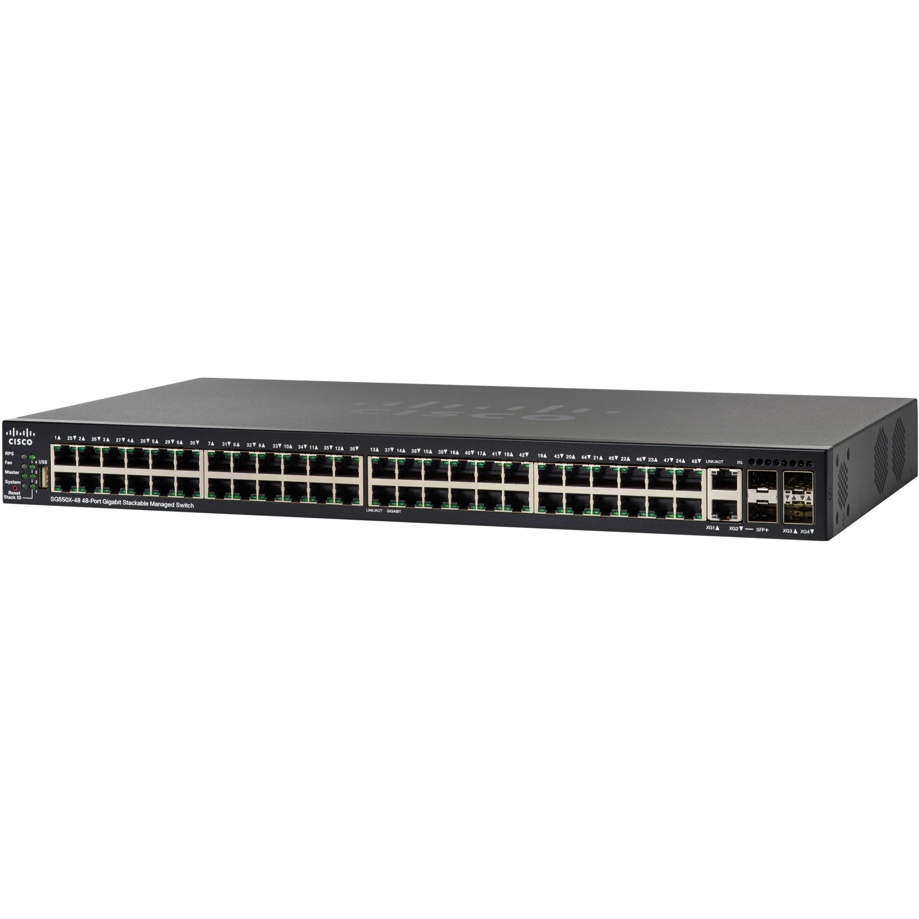 Cisco SG550X-48MP Layer 3 Switch - 50 Ports - Manageable - Gigabit Ethernet, 10 Gigabit Ethernet - 10GBase-X, 10GBase-T, 10/100/1000Base-T - Remanufactured - 3 Layer Supported - Modular - Optical Fibe