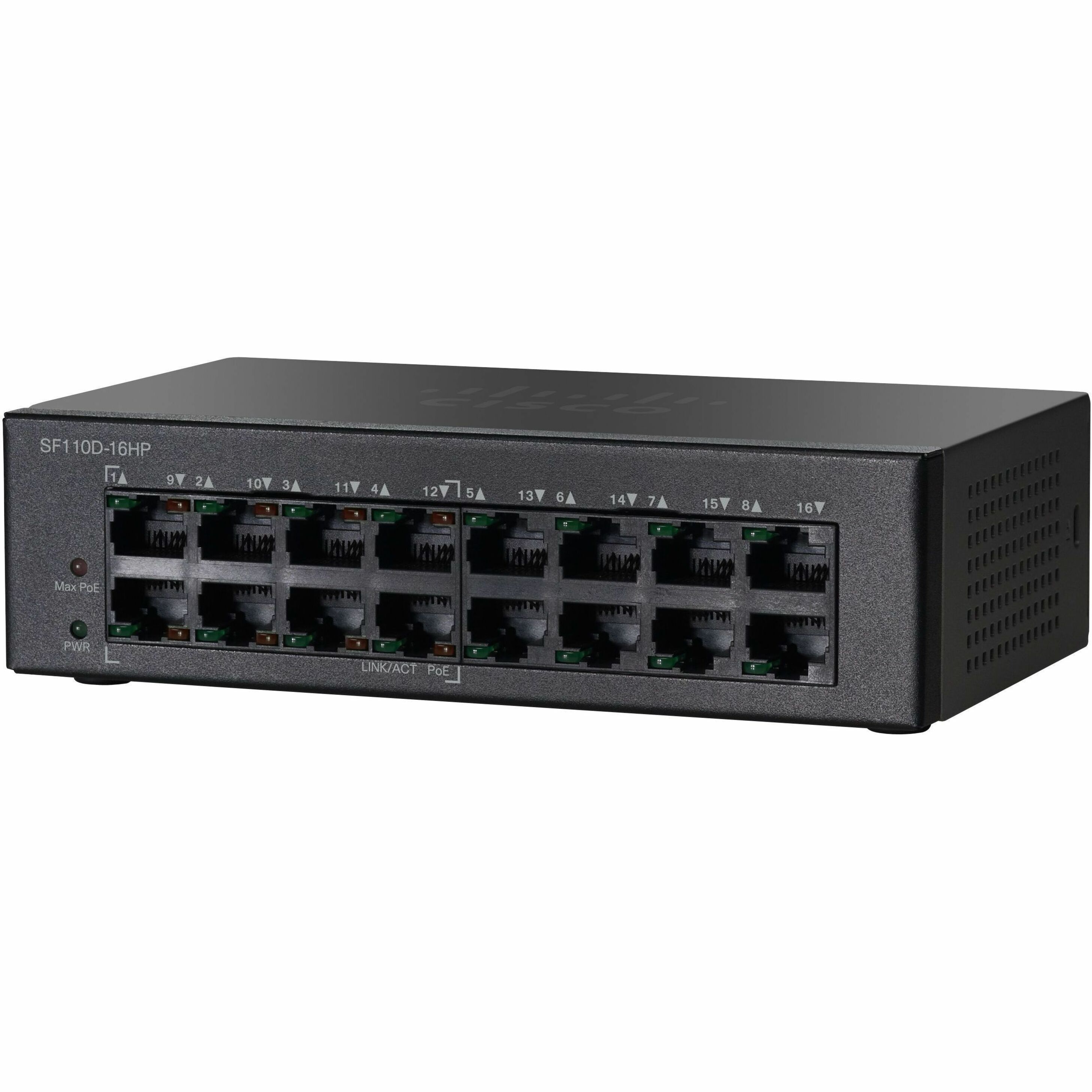 Cisco SF110D-16HP Ethernet Switch - 16 Ports - Fast Ethernet - 10/100Base-TX - Refurbished - 2 Layer Supported - Twisted Pair - Wall Mountable, Rack-mountable, Desktop