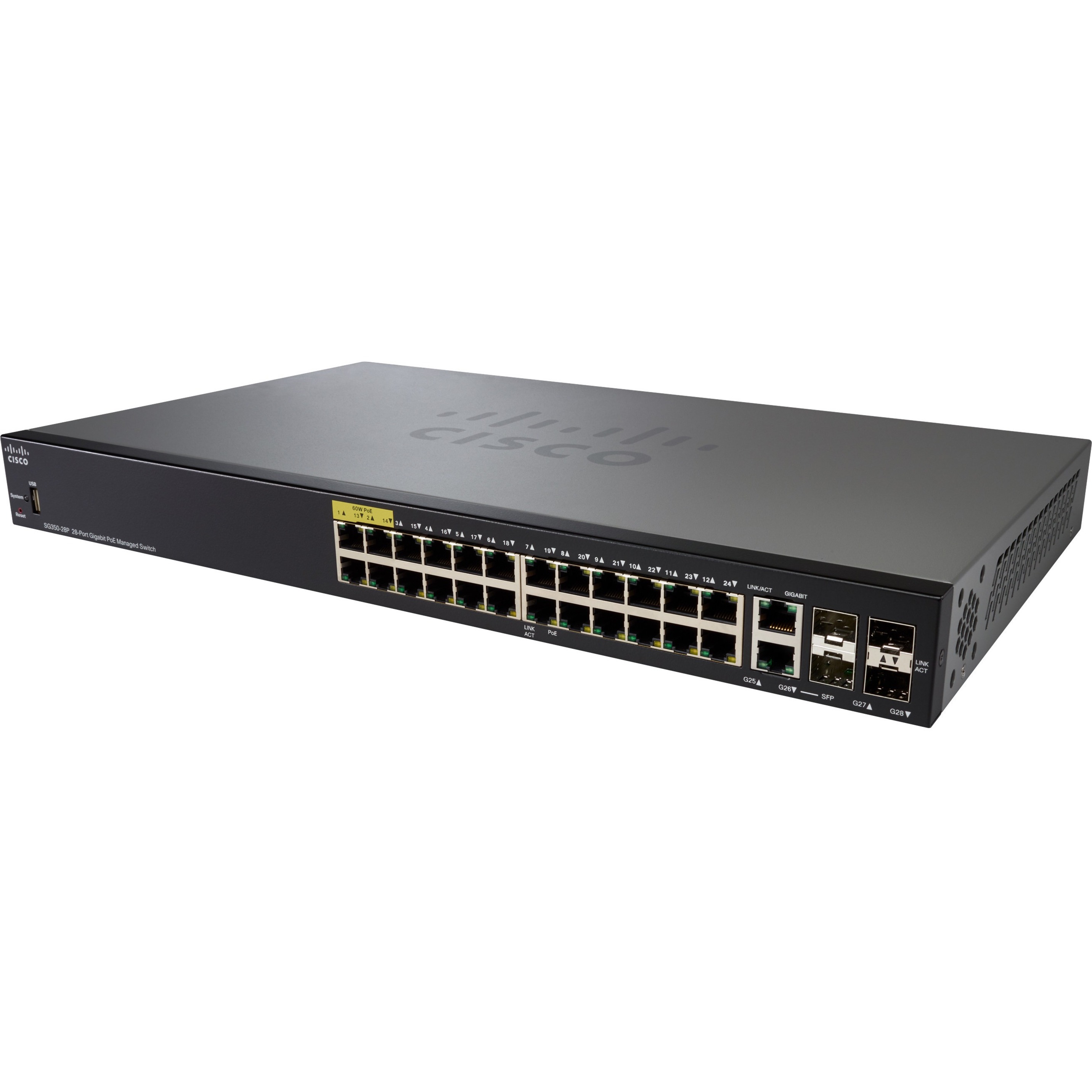 Cisco SG350-28P Ethernet Switch - 28 Ports - Manageable - Gigabit Ethernet - 1000Base-X, 1000Base-T - Remanufactured - 3 Layer Supported - Modular - 4 SFP Slots - 36.90 W Power Consumption - 195 W PoE