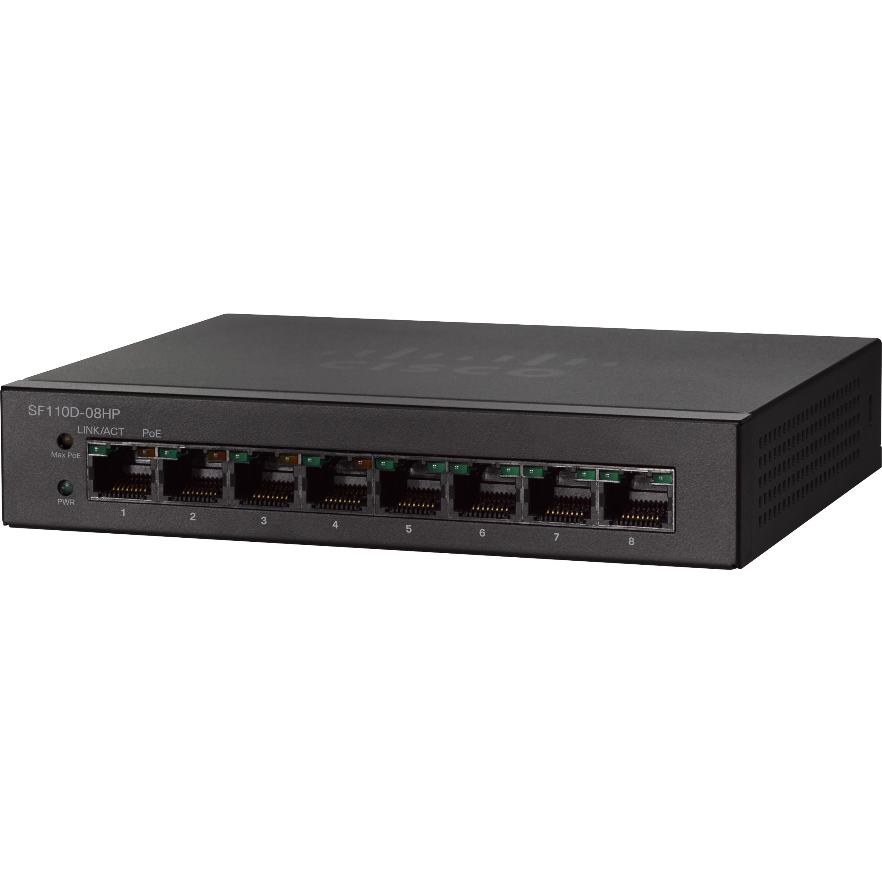 Cisco SF110D-08HP 8-Port 10/100 PoE Desktop Switch - 8 Ports - Fast Ethernet - 10/100Base-TX - Refurbished - 2 Layer Supported - Twisted Pair - Wall Mountable, Rack-mountable, Desktop