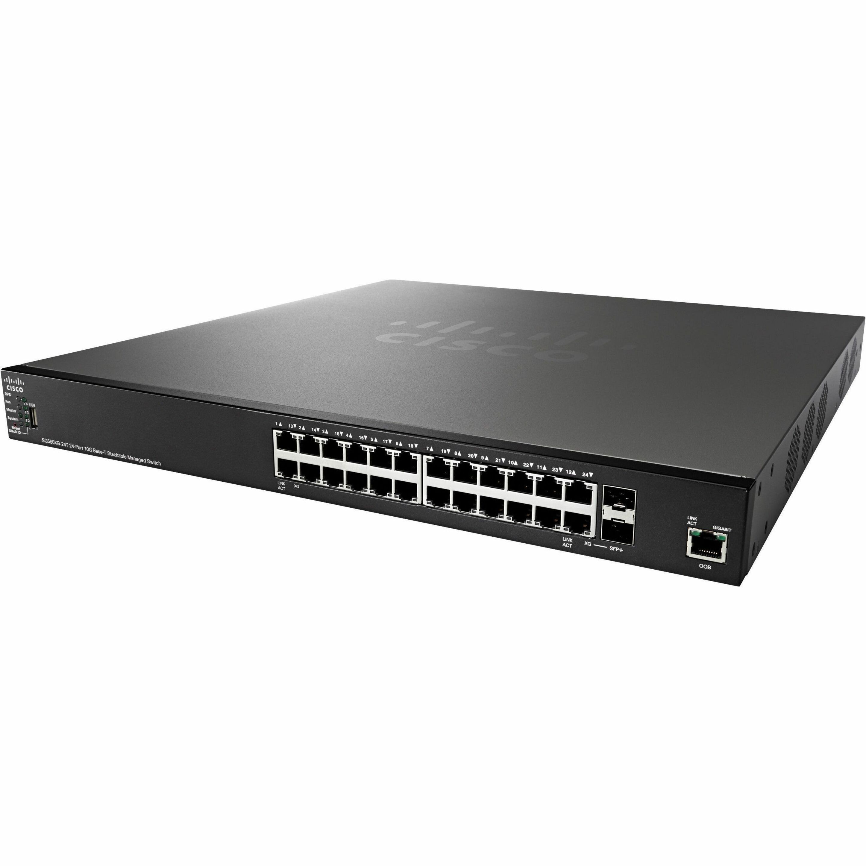 Cisco SG550XG-24T 24-Port 10GBase-T Stackable Managed Switch - 24 Ports - Manageable - 10 Gigabit Ethernet - 10GBase-T, 10GBase-X - Refurbished - 3 Layer Supported - Twisted Pair, Optical Fiber - 1U -