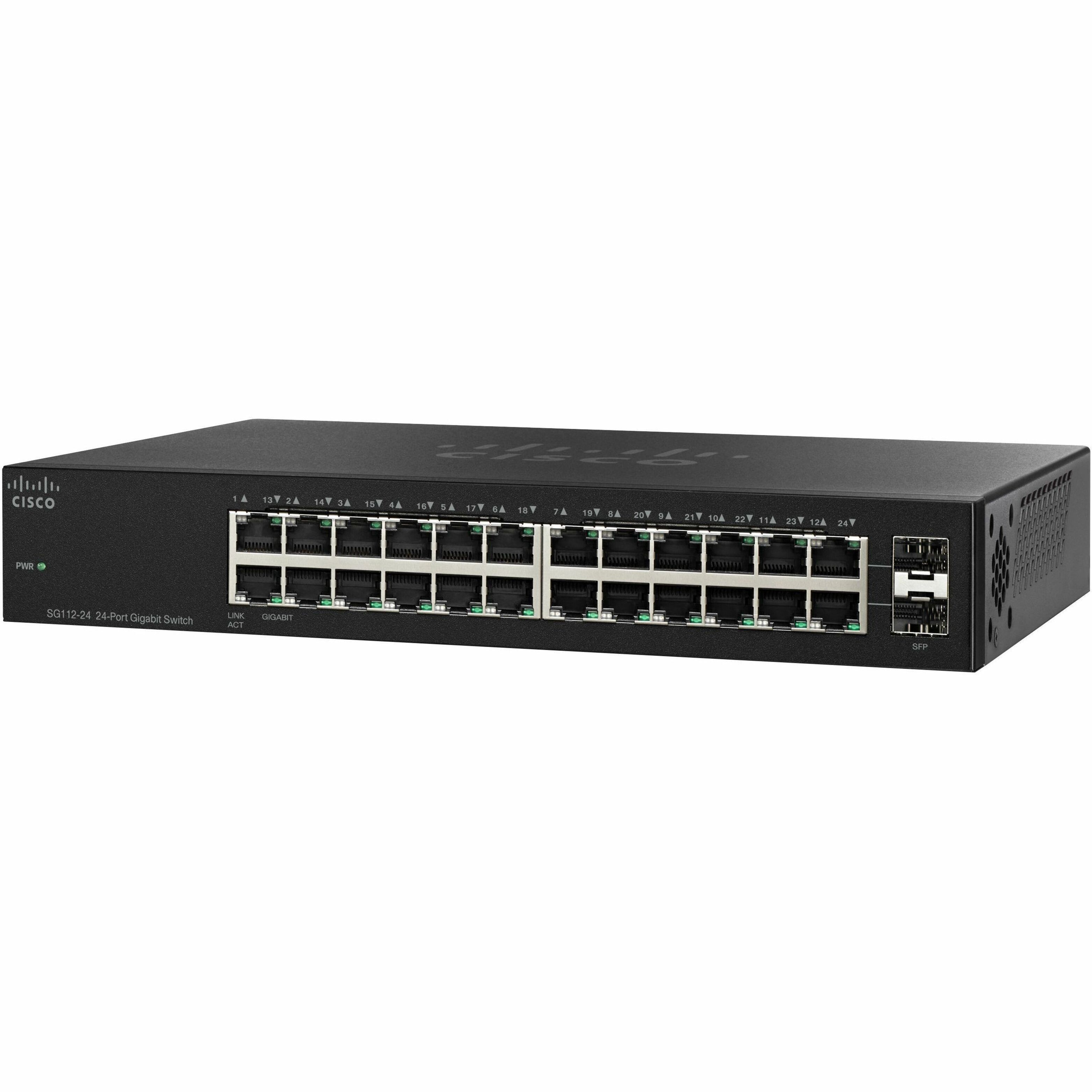 Cisco SG112-24 COMPACT 24-port Gig Switch-2 Mini-GBIC Ports - 24 Ports - Gigabit Ethernet - 10/100/1000Base-T, 1000Base-X - Refurbished - 2 Layer Supported - Twisted Pair, Optical Fiber - Desktop, Rac