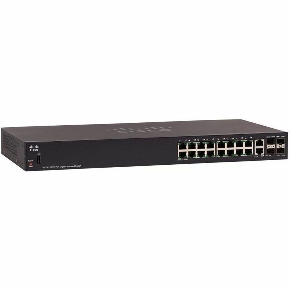Cisco SG350-20 20-Port Gigabit Managed Switch - 18 Ports - Manageable - Gigabit Ethernet - 1000Base-T, 1000Base-X - Refurbished - 3 Layer Supported - Modular - 4 SFP Slots - Twisted Pair, Optical Fibe