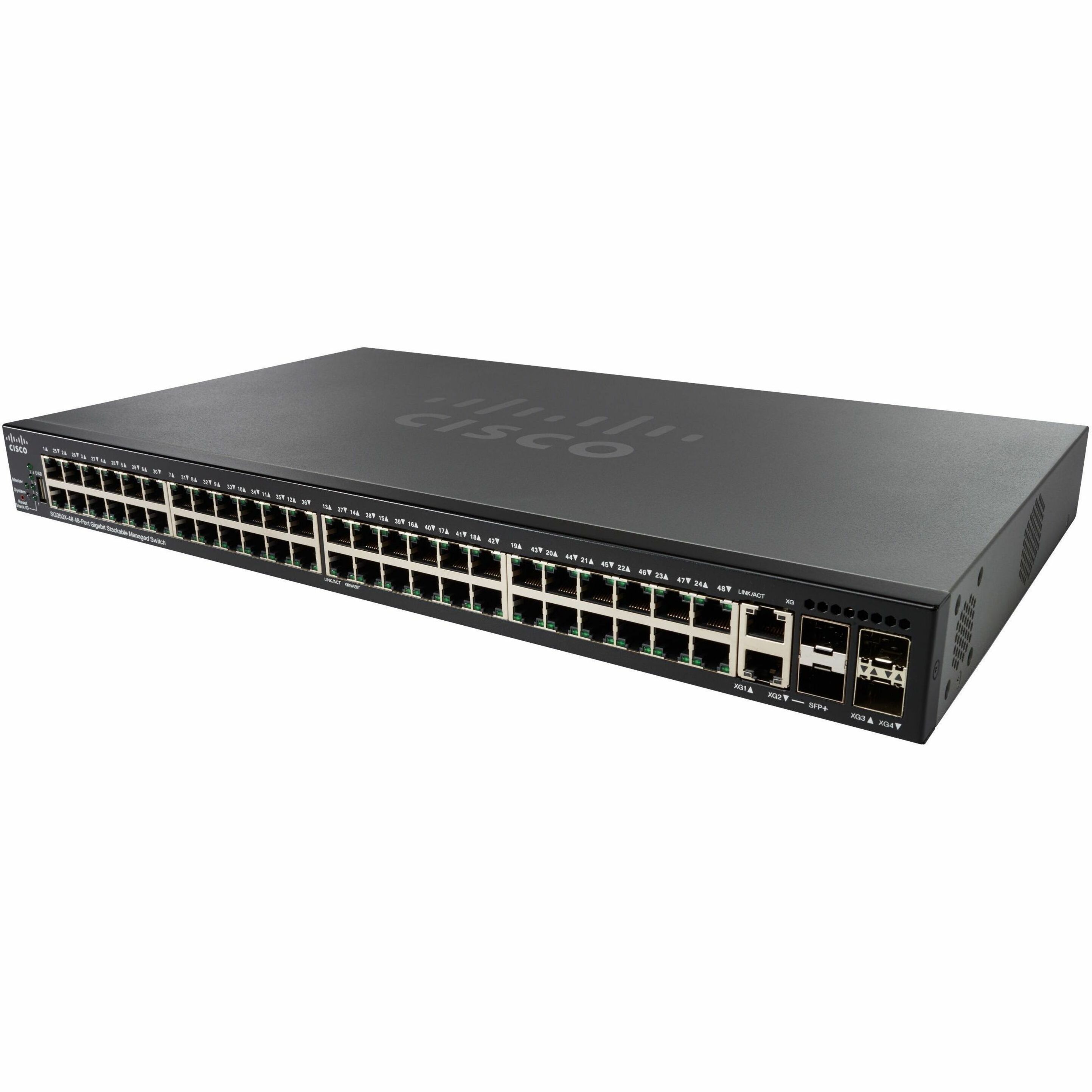 Cisco SG350X-48 Layer 3 Switch - 50 Ports - Manageable - Gigabit Ethernet, 10 Gigabit Ethernet - 10/100/1000Base-T, 10GBase-X, 10GBase-T - Refurbished - 3 Layer Supported - Modular - Twisted Pair, Opt