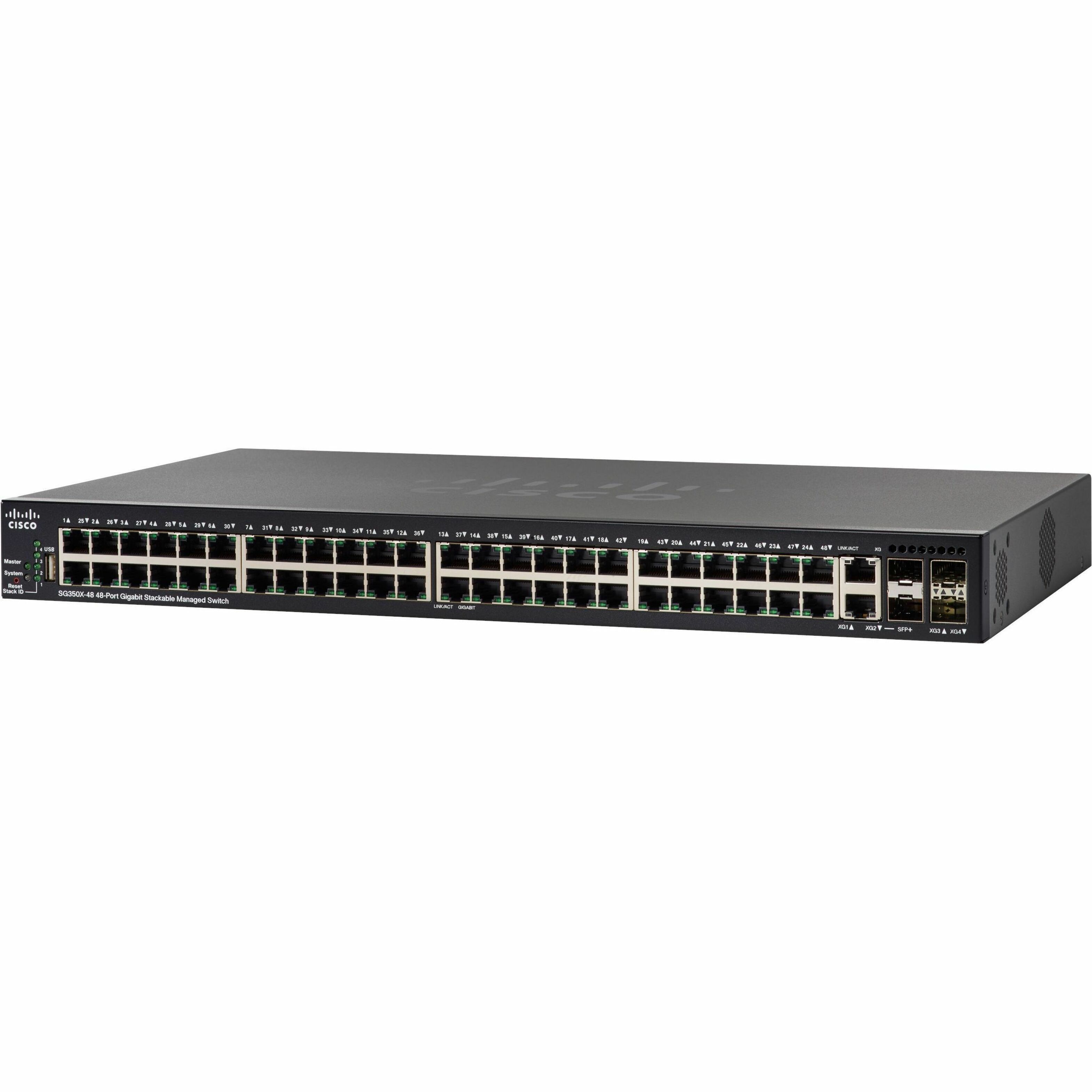 Cisco SG350X-48 Layer 3 Switch - 50 Ports - Manageable - Gigabit Ethernet, 10 Gigabit Ethernet - 10/100/1000Base-T, 10GBase-X, 10GBase-T - Refurbished - 3 Layer Supported - Modular - Twisted Pair, Opt