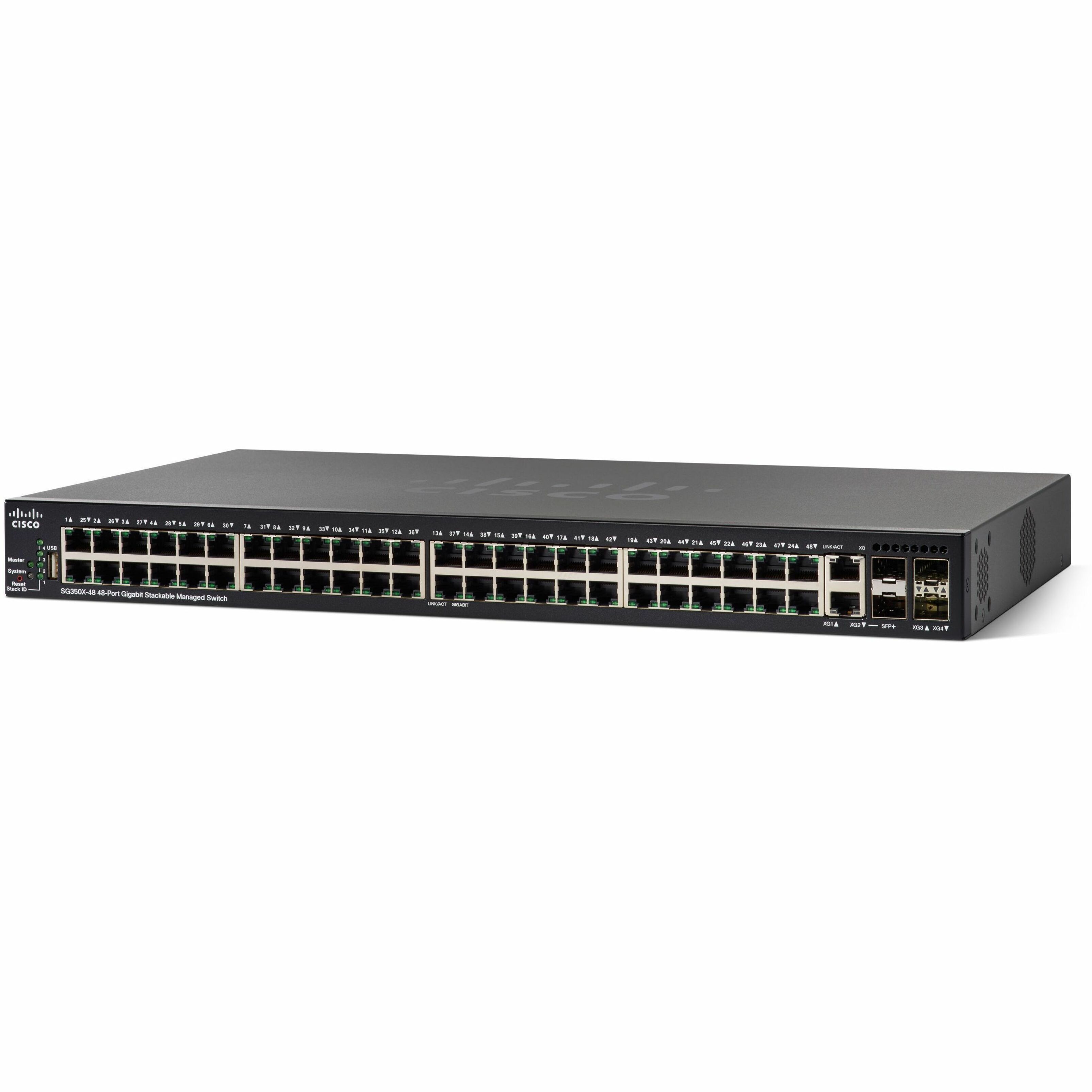 Cisco SG350X-48MP Ethernet Switch - 50 Ports - Manageable - Gigabit Ethernet - 10/100/1000Base-T, 10GBase-T, 10GBase-X - Refurbished - 3 Layer Supported - 875.70 W Power Consumption - 740 W PoE Budget