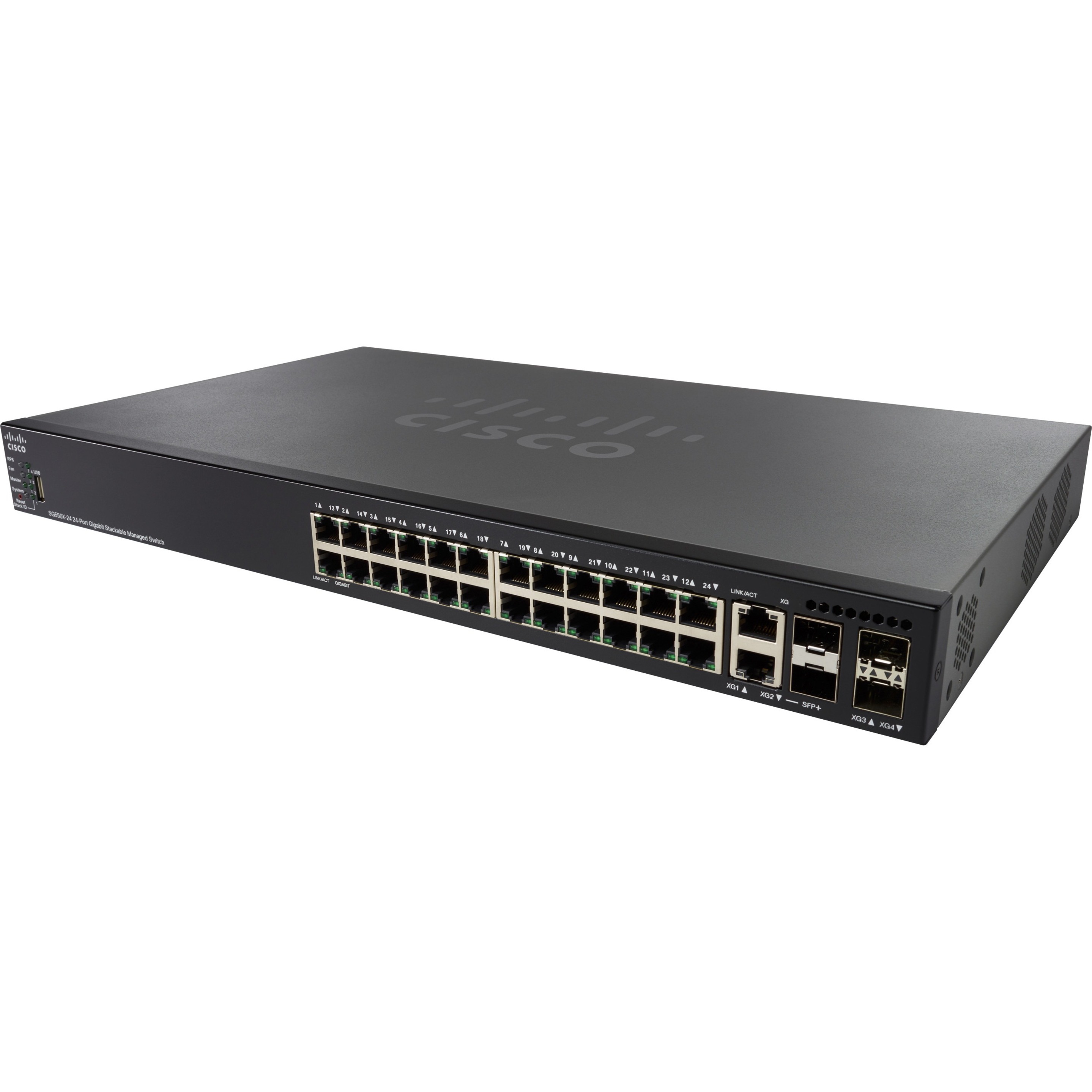 Cisco SG550X-24 Layer 3 Switch - 24 Ports - Manageable - Gigabit Ethernet, 10 Gigabit Ethernet - 10GBase-X, 10GBase-T, 10/100/1000Base-T - Refurbished - 3 Layer Supported - Modular - 33.50 W Power Con