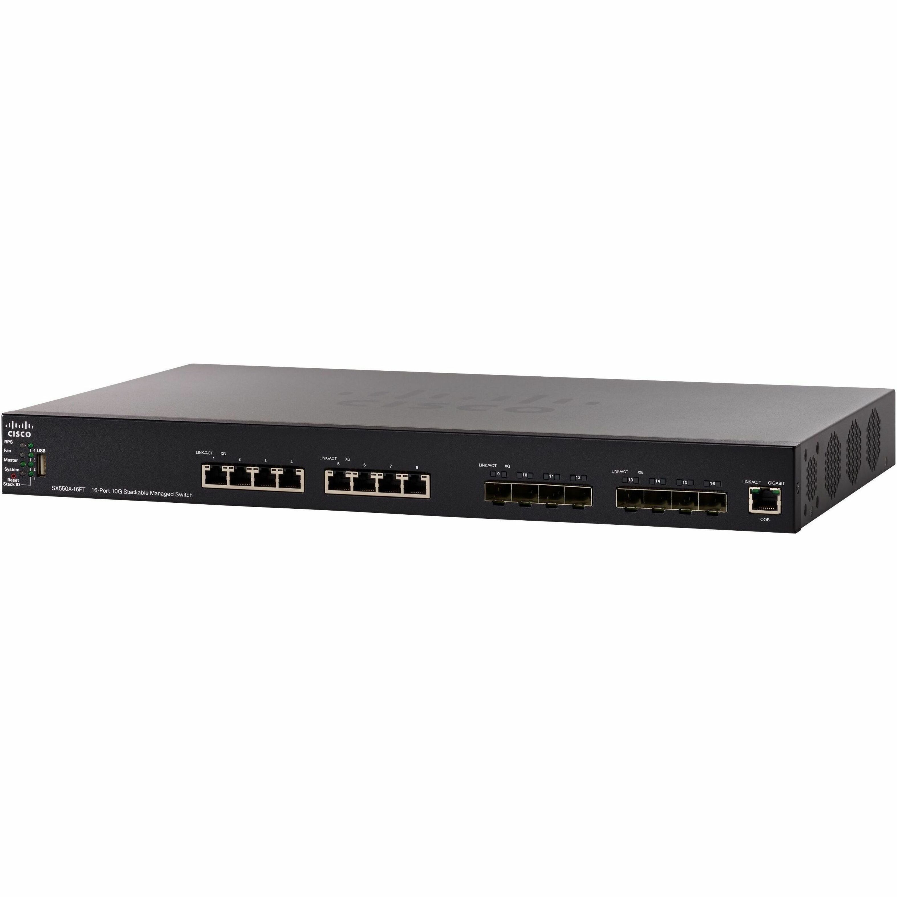 Cisco SX550X-16FT 16-Port 10G Stackable Managed Switch - 16 Ports - Manageable - 10 Gigabit Ethernet - 10GBase-T - Remanufactured - 2 Layer Supported - 57.70 W Power Consumption - Twisted Pair - Rack-
