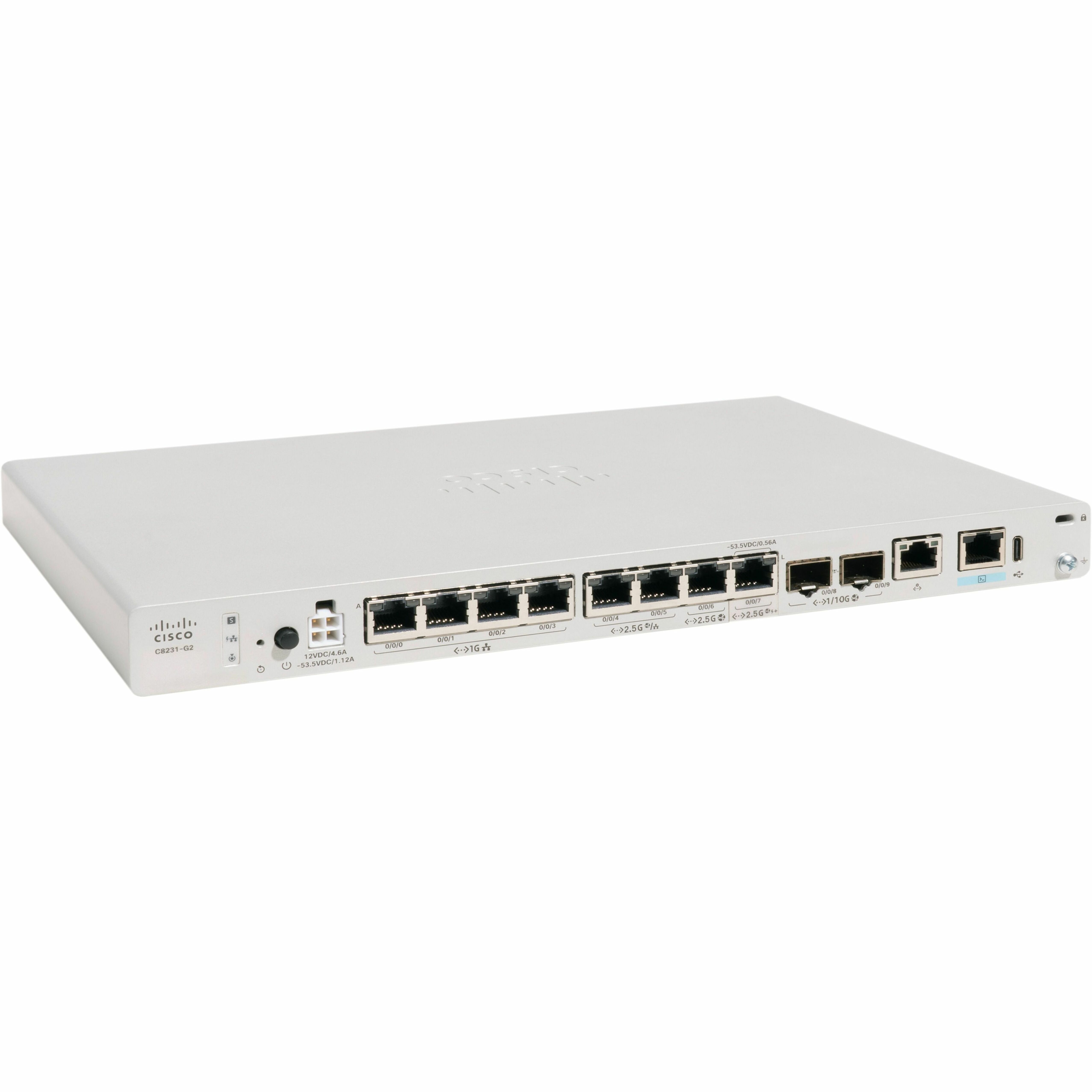Cisco C8231-G2 Router - 8 Ports - 4 RJ-45 Port(s) - 4 WAN Port(s) - PoE Ports - Management Port - 2 SFP (mini-GBIC) Slots, SFP+ Slots - 8 GB - 10 Gigabit Ethernet - 1U - Rack-mountable, Desktop - 2 Ye