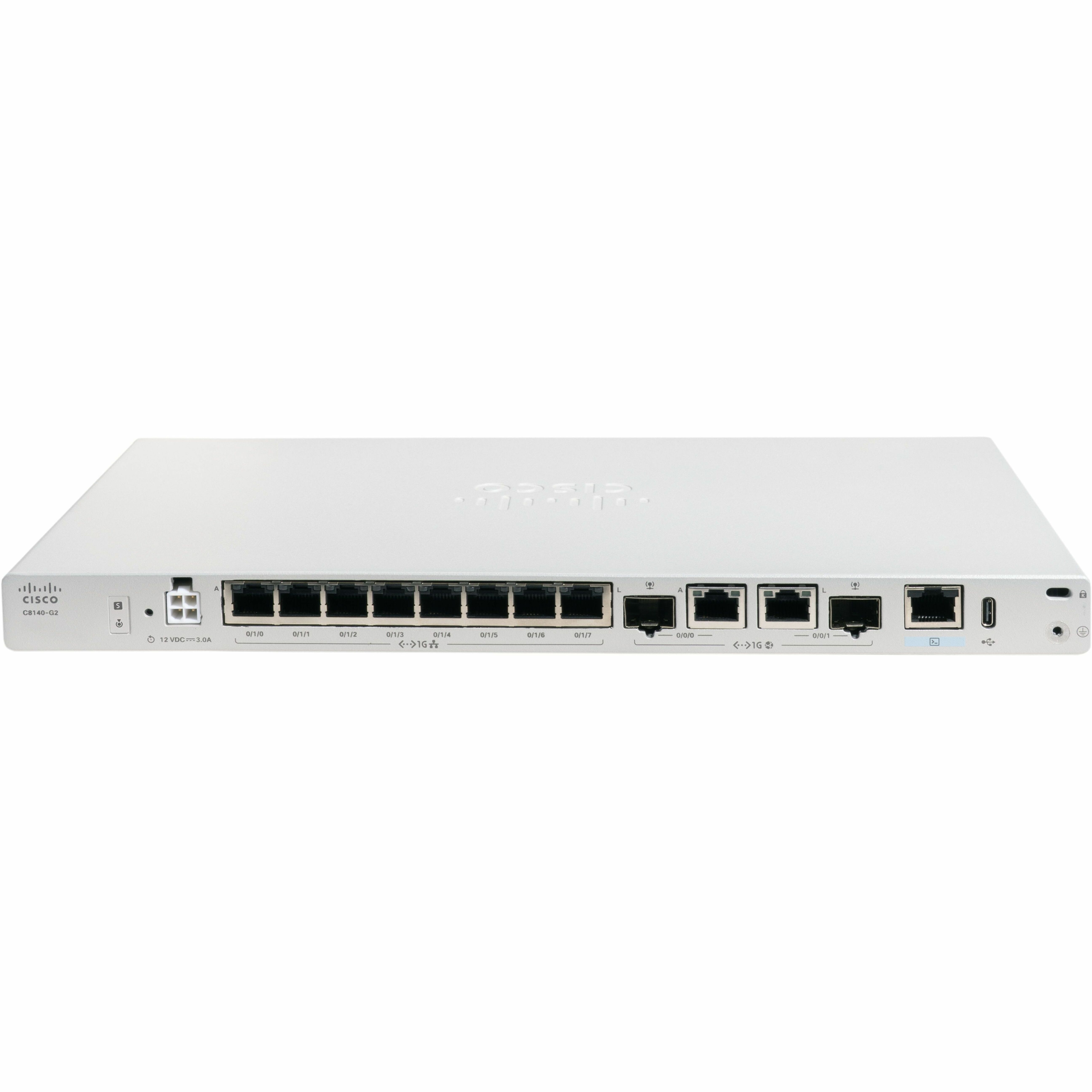 Cisco Secure Router 8100 C8140-G2 Router - 10 Ports - 8 RJ-45 Port(s) - 2 WAN Port(s) - Management Port - 2 SFP (mini-GBIC) Slots - 4 GB - Gigabit Ethernet - 1U - Rack-mountable