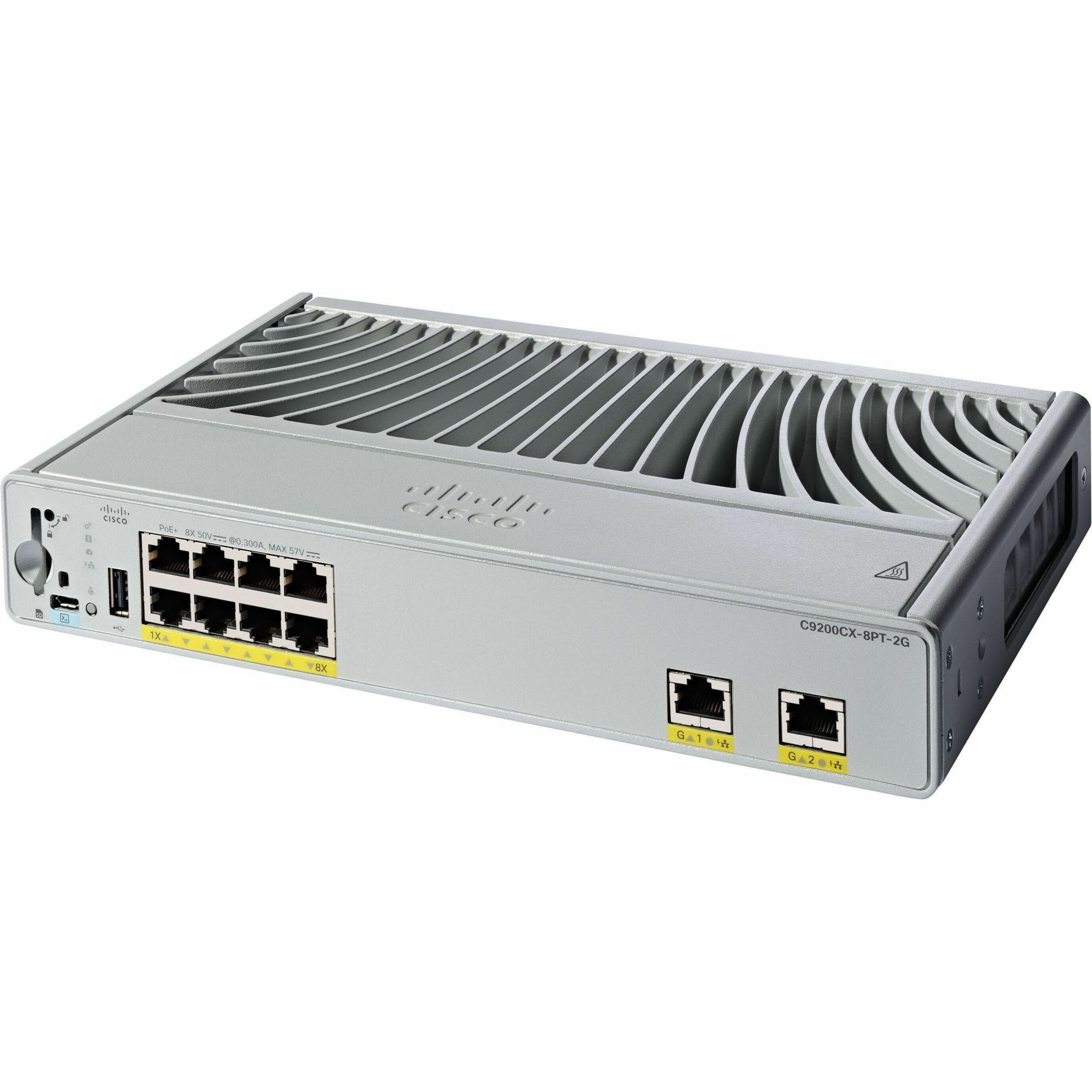 Cisco C9200CX-8PT-2G Ethernet Switch - 8 Ports - Manageable - Gigabit Ethernet - 1000Base-T - 3 Layer Supported - 150 W Power Consumption - 180 W PoE Budget - Twisted Pair - PoE Ports - Compact