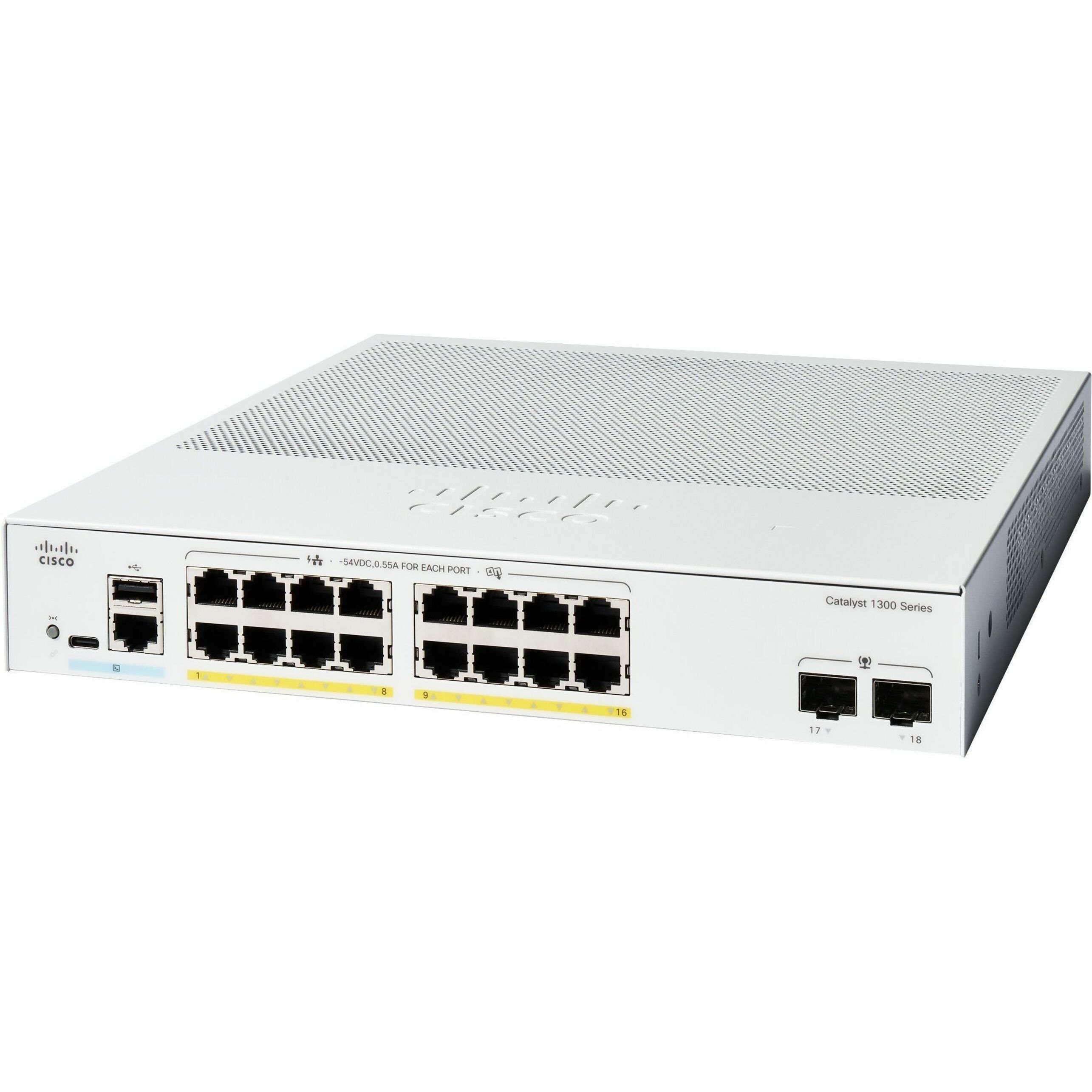 Cisco Catalyst C1300-16FP-2G Ethernet Switch - 16 Ports - Manageable - Gigabit Ethernet - 10/100/1000Base-T, 1000Base-X - Refurbished - 3 Layer Supported - Modular - 2 SFP Slots - 279.80 W Power Consu