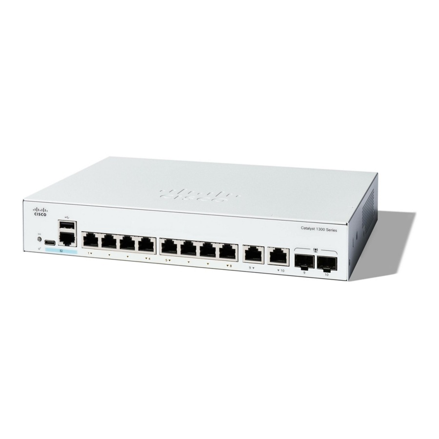 Cisco Catalyst C1300-8T-E-2G Ethernet Switch - 10 Ports - Manageable - Gigabit Ethernet - 10/100/1000Base-T, 1000Base-X - 3 Layer Supported - 2 SFP Slots - 10.65 W Power Consumption - Twisted Pair, Op