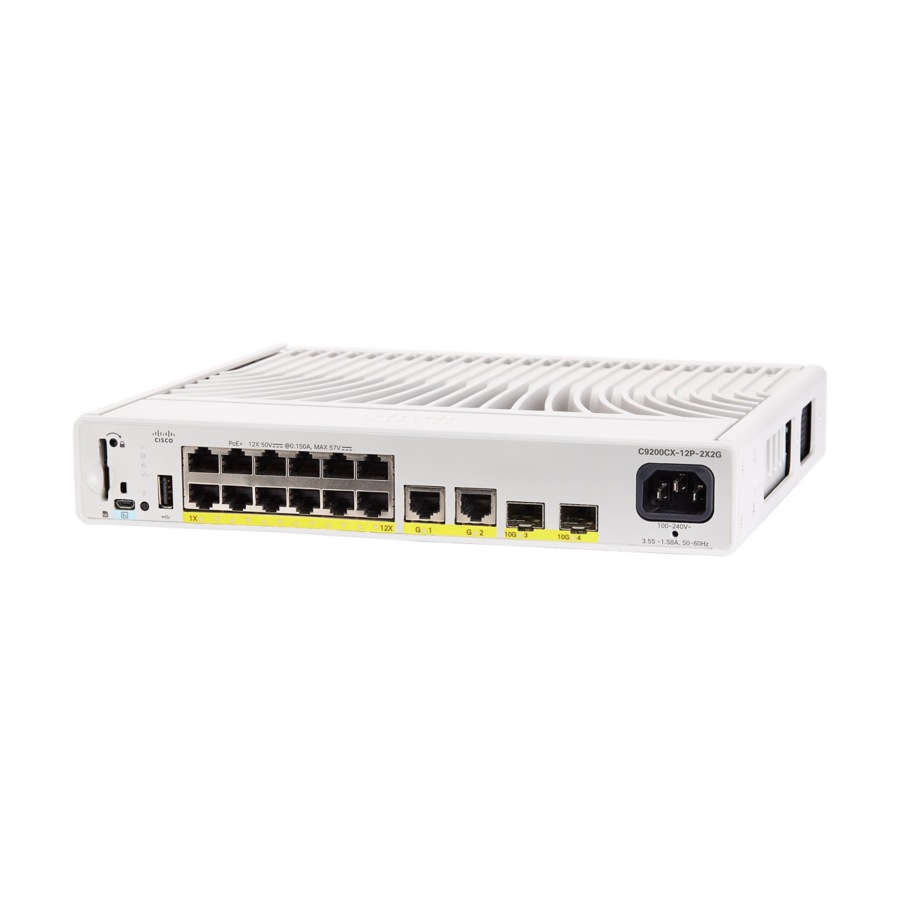 Cisco Catalyst C9200CX-12P Ethernet Switch - 12 Ports - Manageable - 10 Gigabit Ethernet, Gigabit Ethernet - 10GBase-T, 10GBase-X, 1000Base-T - 3 Layer Supported - Modular - Optical Fiber, Twisted Pai