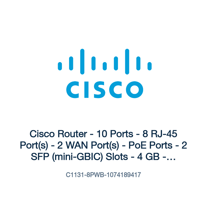 C1131-8PWB-1074189417: Cisco Router - 10 Ports - 8 RJ-45 Port(s) - 2 WAN Port(s) - PoE Ports