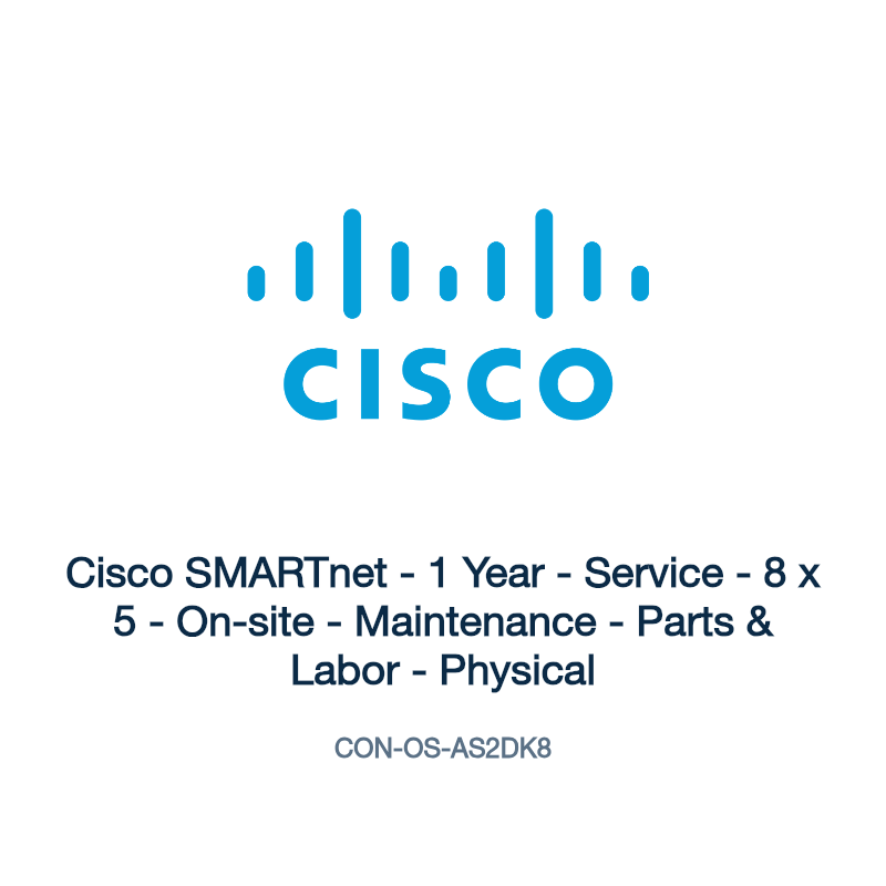 CON-OS-AS2DK8: Cisco SMARTnet - 1 Year - Service - 8 x 5 - On-site - Maintenance