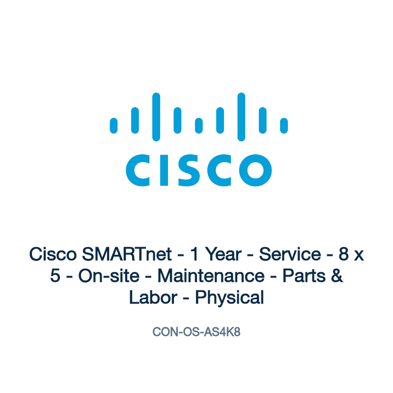 CON-OS-AS4K8: Cisco SMARTnet - 1 Year - Service - 8 x 5 - On-site - Maintenance